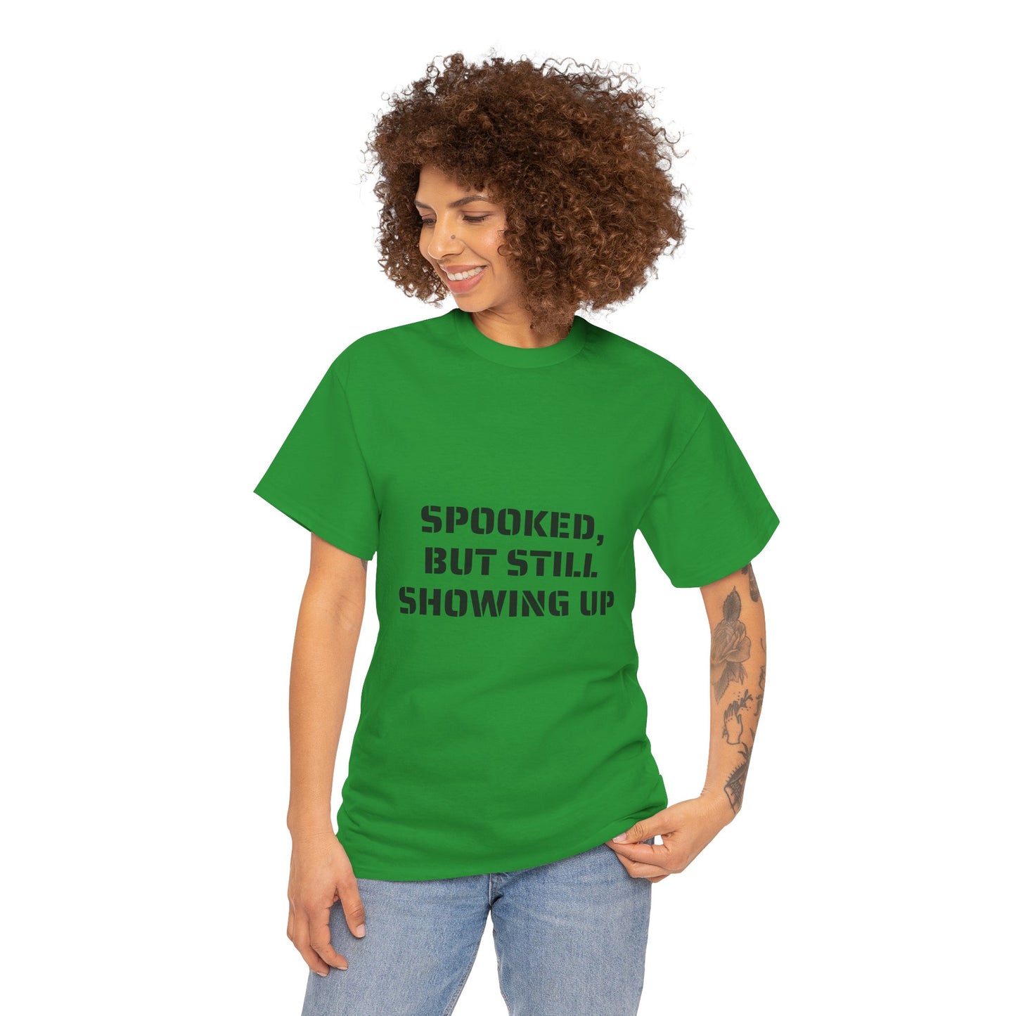 Spooked, But Still Showing Up Unisex Heavy Cotton Tee | Halloween, Funny T-Shirt