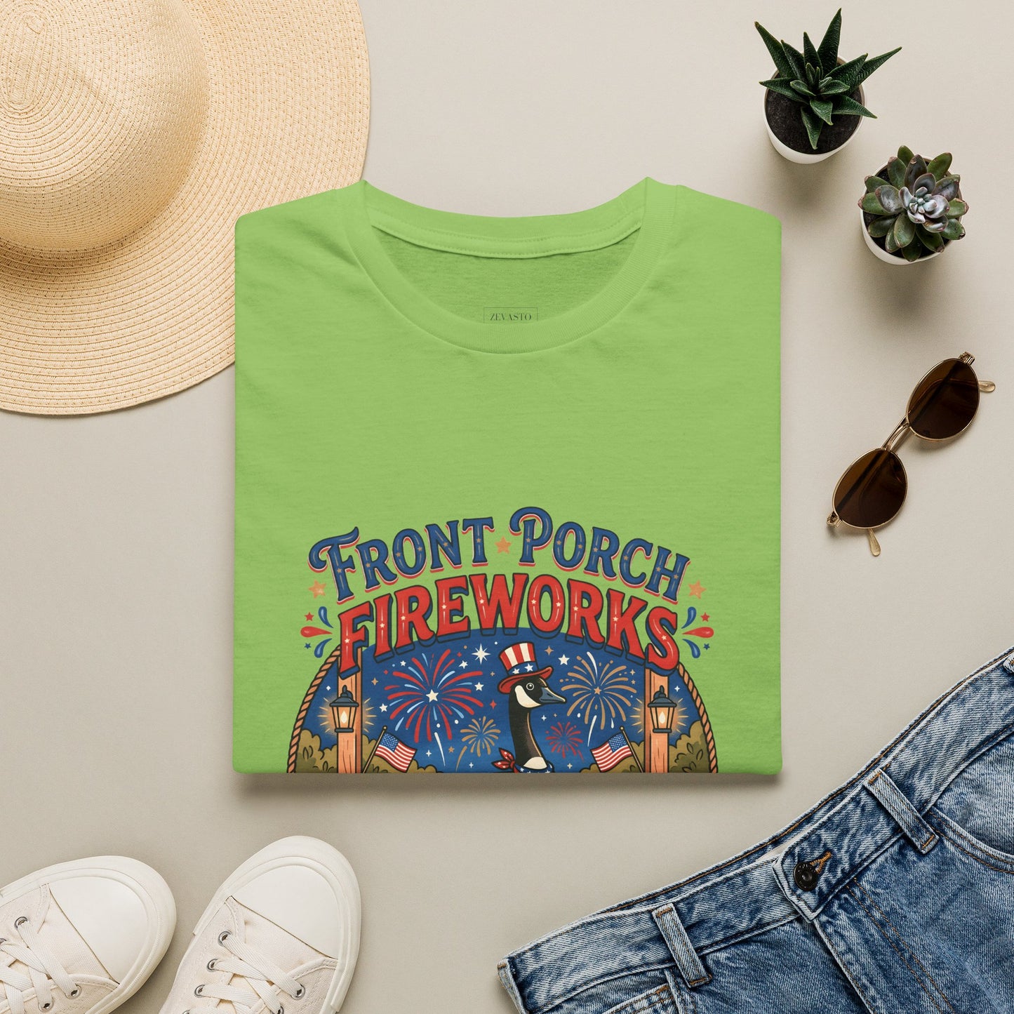 Front Porch Fireworks, Goose T-Shirt — Patriotic 4th of July Celebration Tee