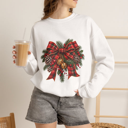 Christmas Plaid Bow Sweatshirt - Holiday Pinecone & Jingle Bells Crewneck