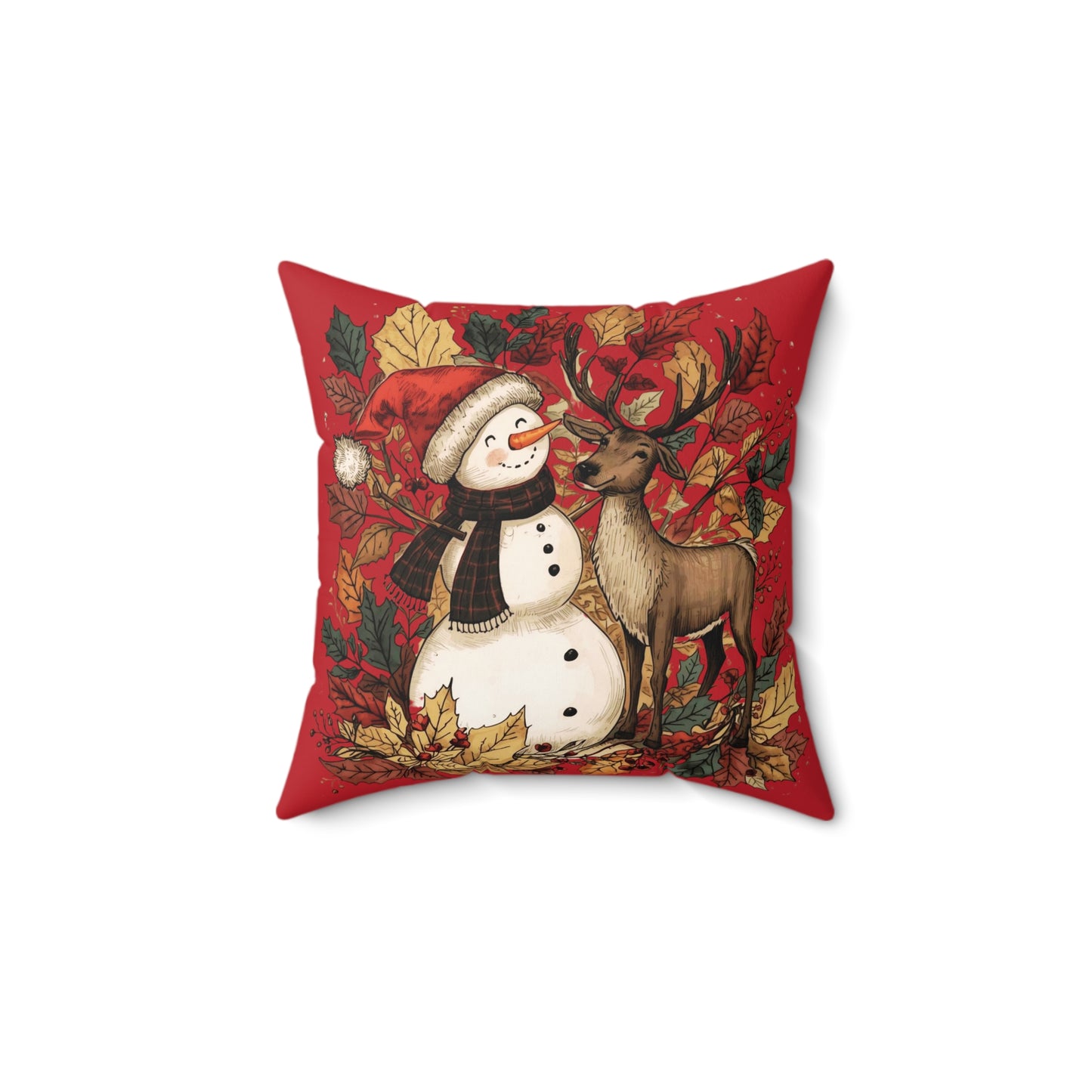 Christmas Snowman & Reindeer Decorative Pillow — Red Holiday Throw Cushion