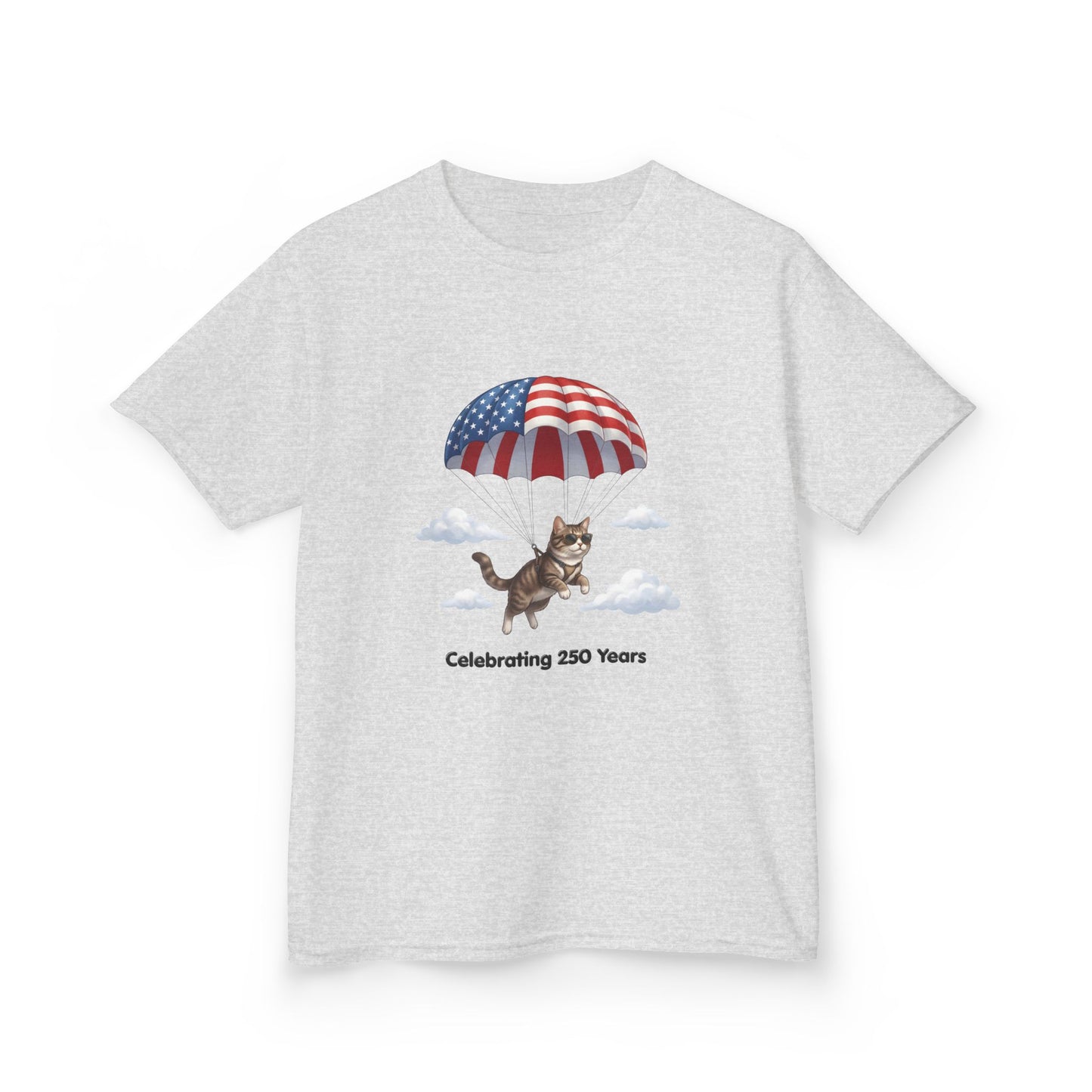 Kids Patriotic Parachuting Cat Tee — "Celebrating 250 Years"