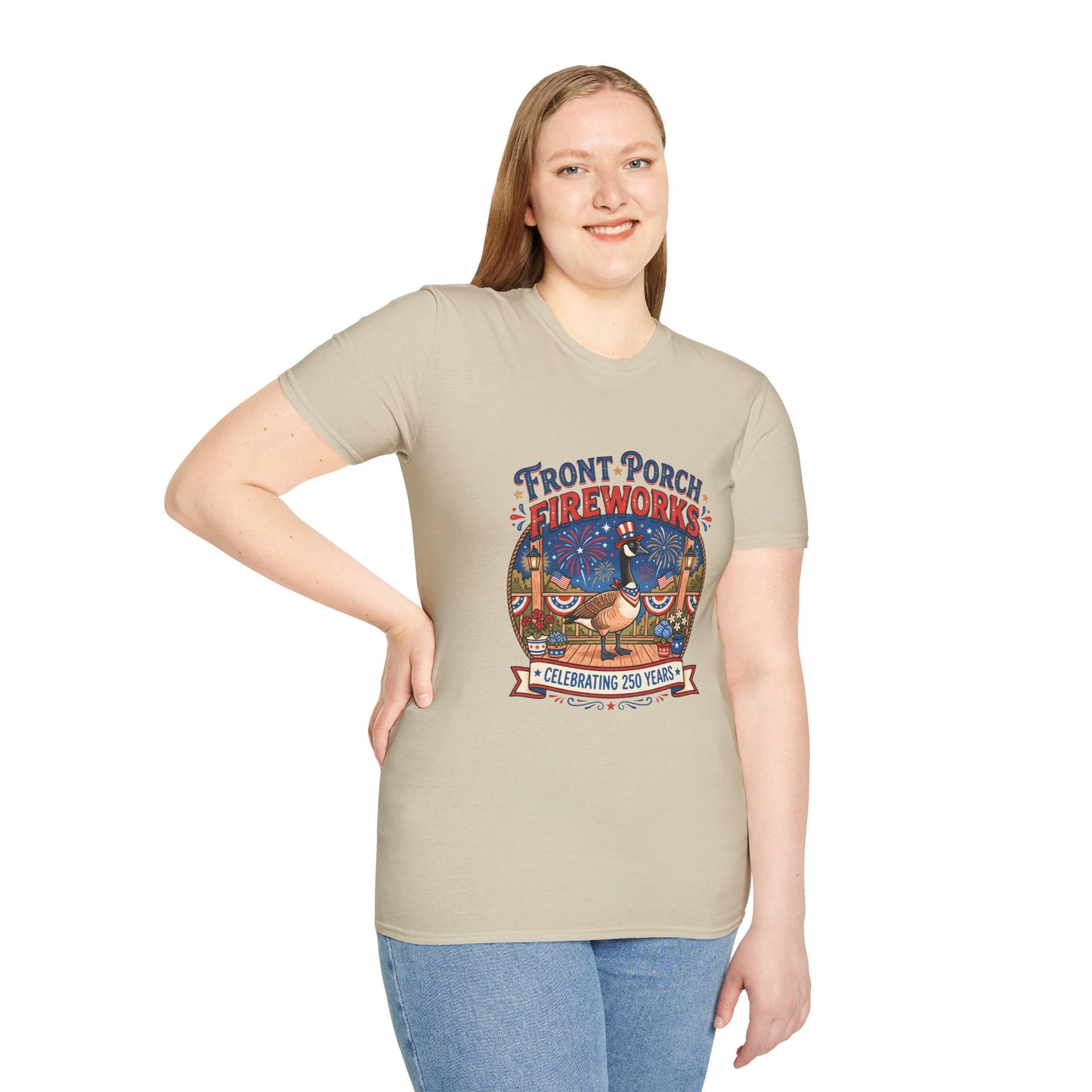 Front Porch Fireworks, Goose T-Shirt — Patriotic 4th of July Celebration Tee