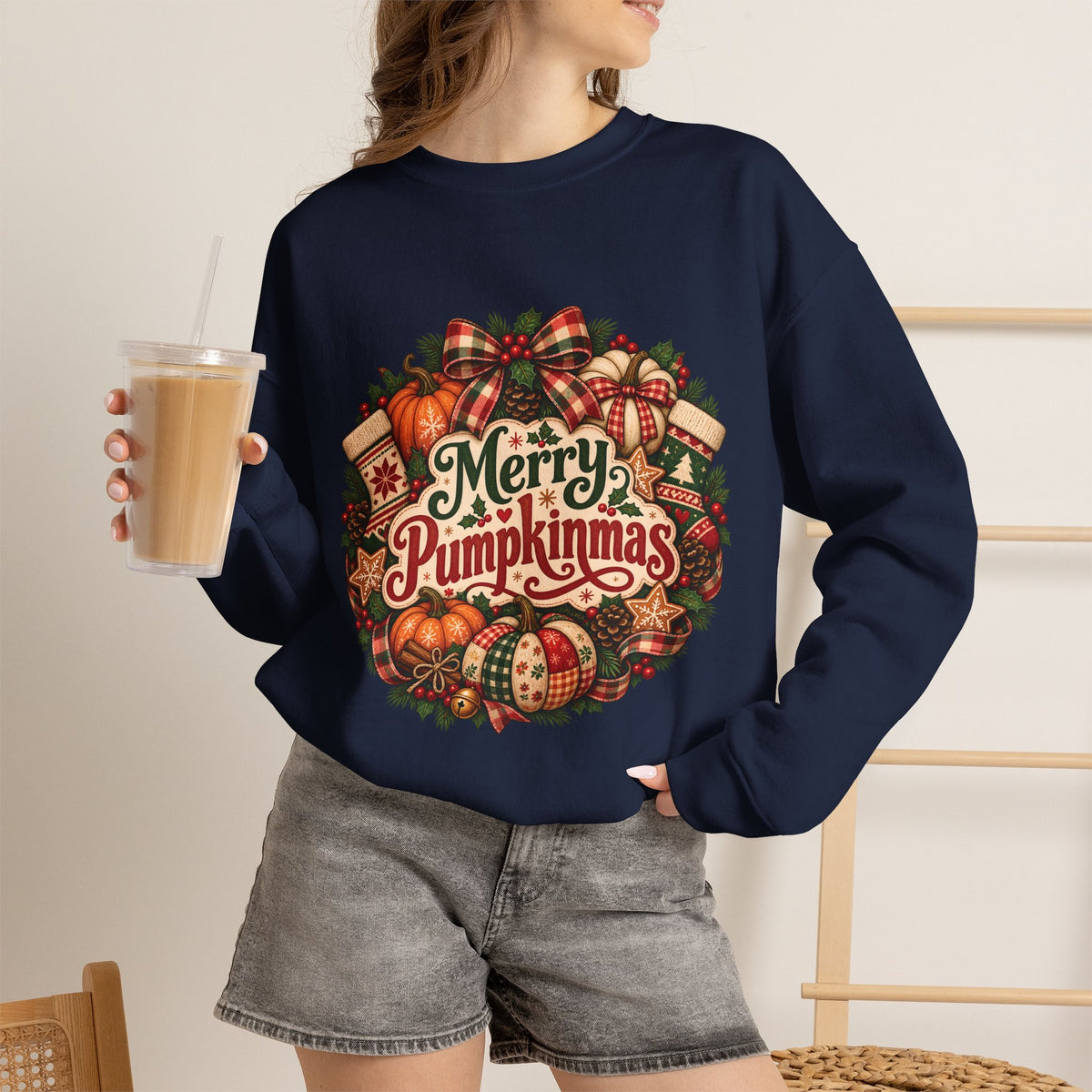 Merry Pumpkinmas Sweatshirt — Holiday Pumpkin Wreath Crewneck