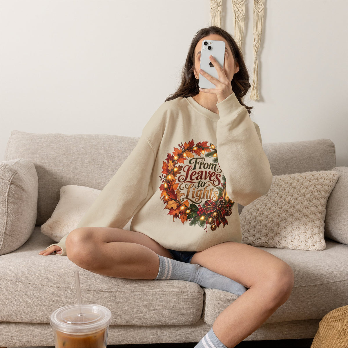 Christmas Crewneck Sweatshirt — "From Leaves to Lights" Autumn to Holiday Wreath Design