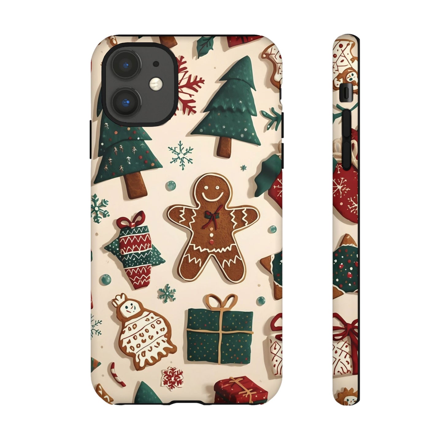 Christmas Phone Case with Gingerbread and Christmas Tree Design, Dual Layer Case for Iphone 17, 16, 15, 14, 13, 12, 11 & Samsung