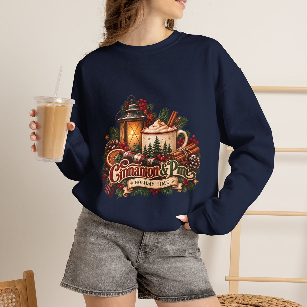 Cinnamon & Pine Crewneck Sweatshirt — Cozy Holiday Lantern Design Sweatshirt