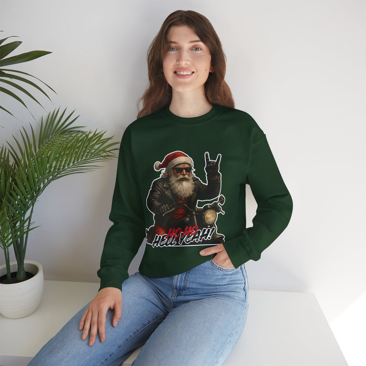 Santa Biker Crewneck Sweatshirt – 'Ho Ho Hell Yeah' Christmas Motorcycle Pullover