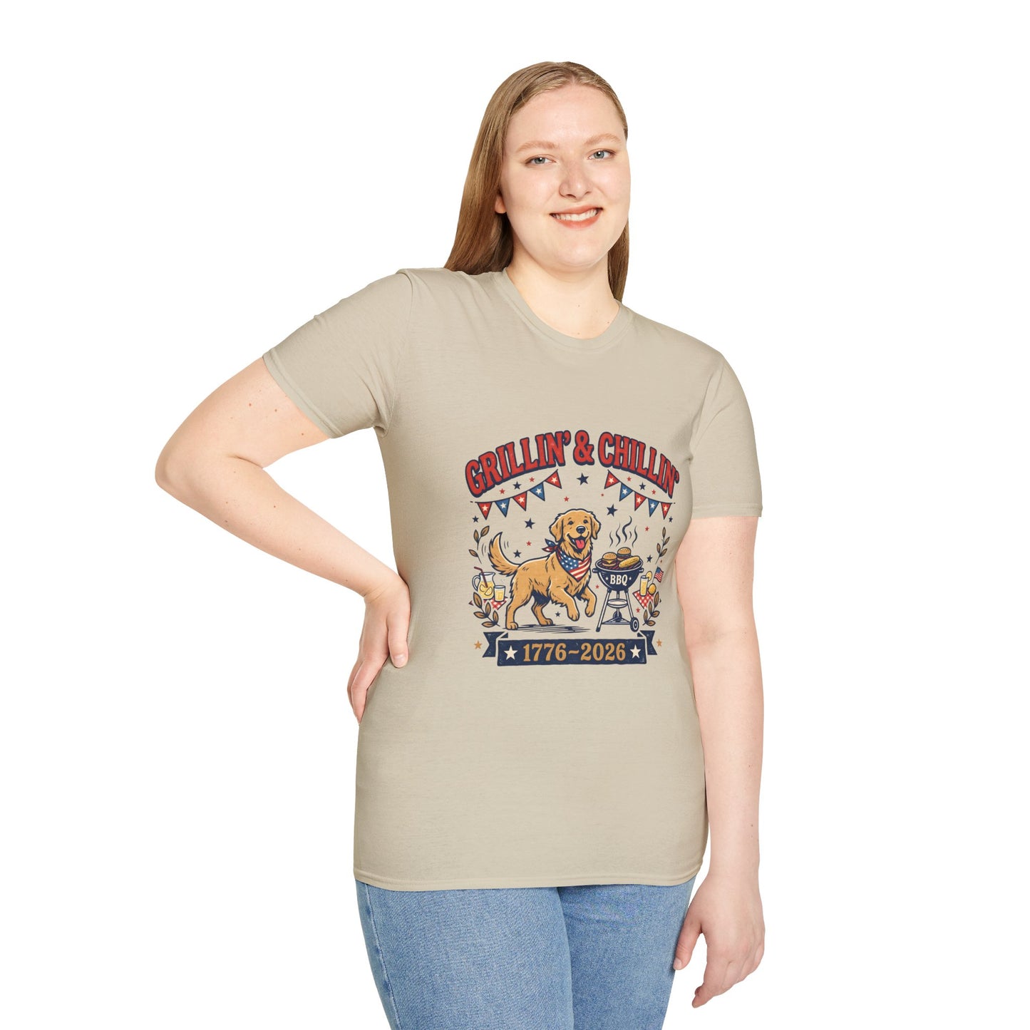 Grillin' & Chillin' BBQ Dog T-Shirt — 1776-2026 Patriotic Summer Tee, 4th of July Shirt, Independence Day Tee