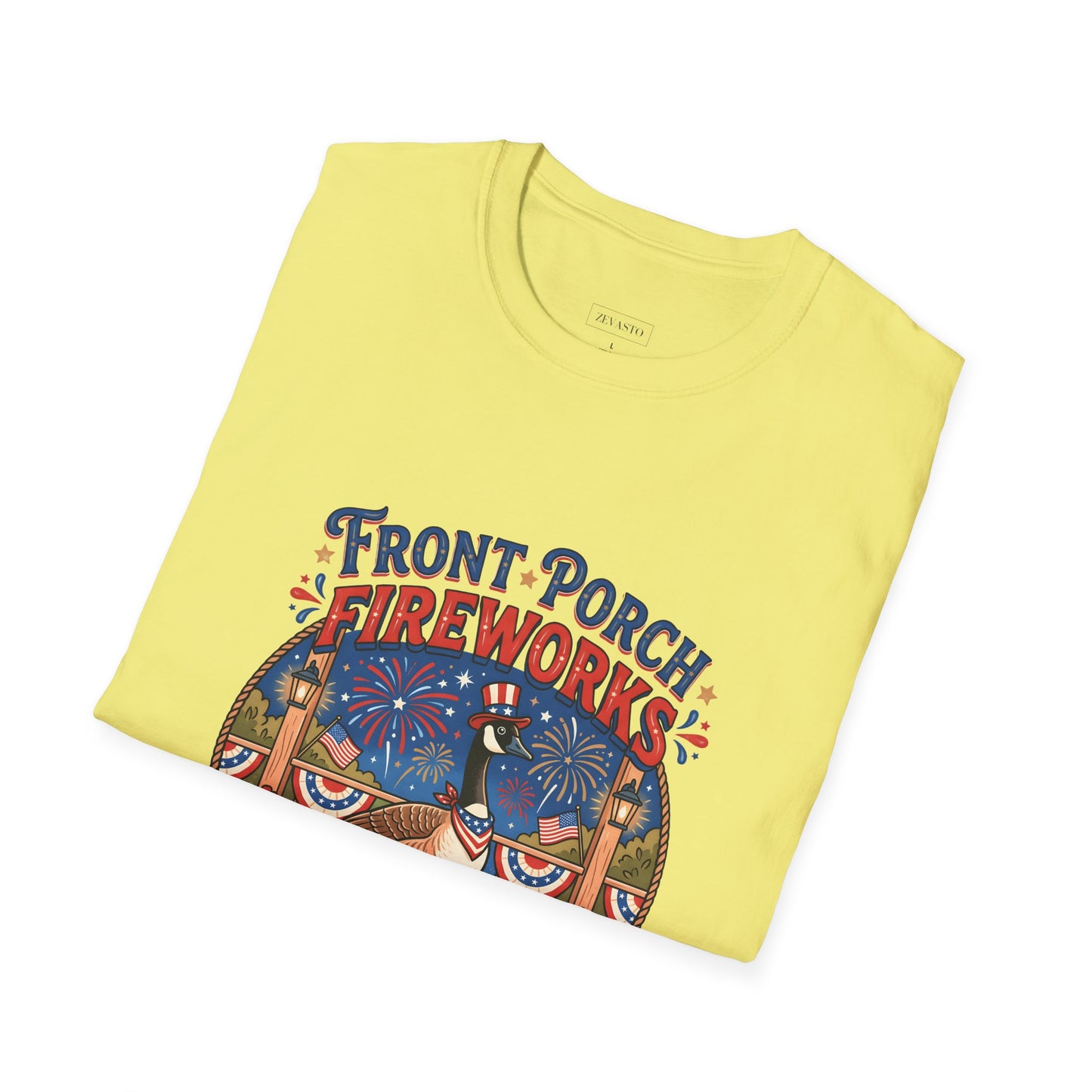 Front Porch Fireworks, Goose T-Shirt — Patriotic 4th of July Celebration Tee