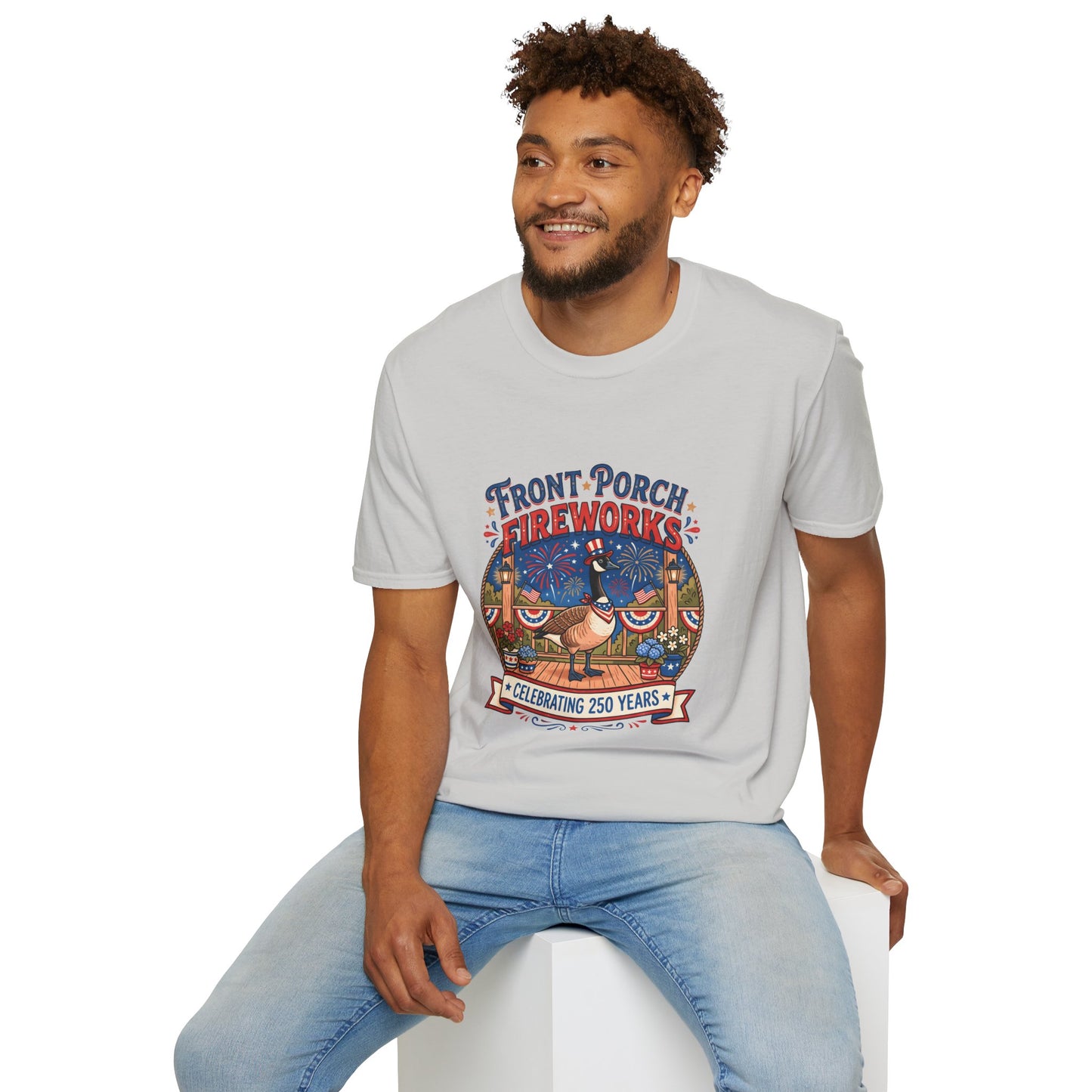 Front Porch Fireworks, Goose T-Shirt — Patriotic 4th of July Celebration Tee