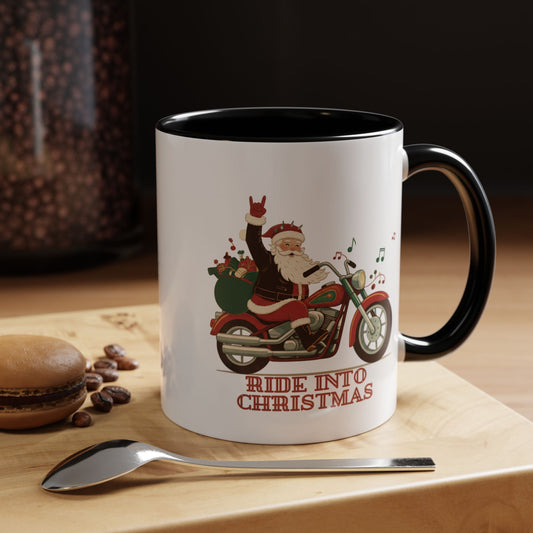 Ride Into Christmas Coffee Mug — Santa Motorcycle Holiday Accent Mug (11oz)