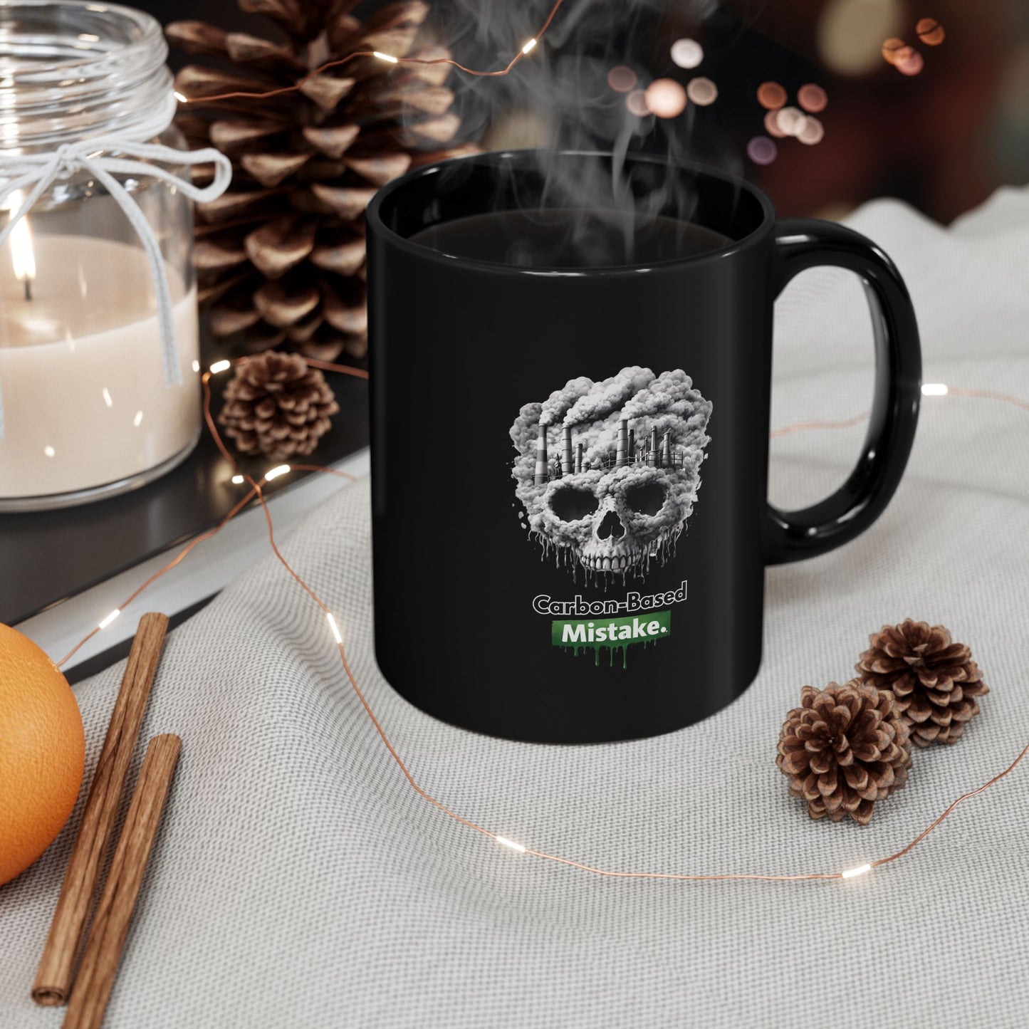 Carbon-Based Mistake Black Mug – Dark Aesthetic Coffee Cup | Gothic Eco Humor | Unique Statement Gift (11oz)
