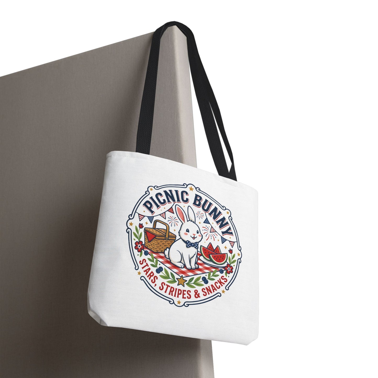 Patriotic Picnic Bunny Tote Bag — ‘Stars, Stripes & Snacks’ Cute Rabbit Picnic Tote, 4th of July Tote