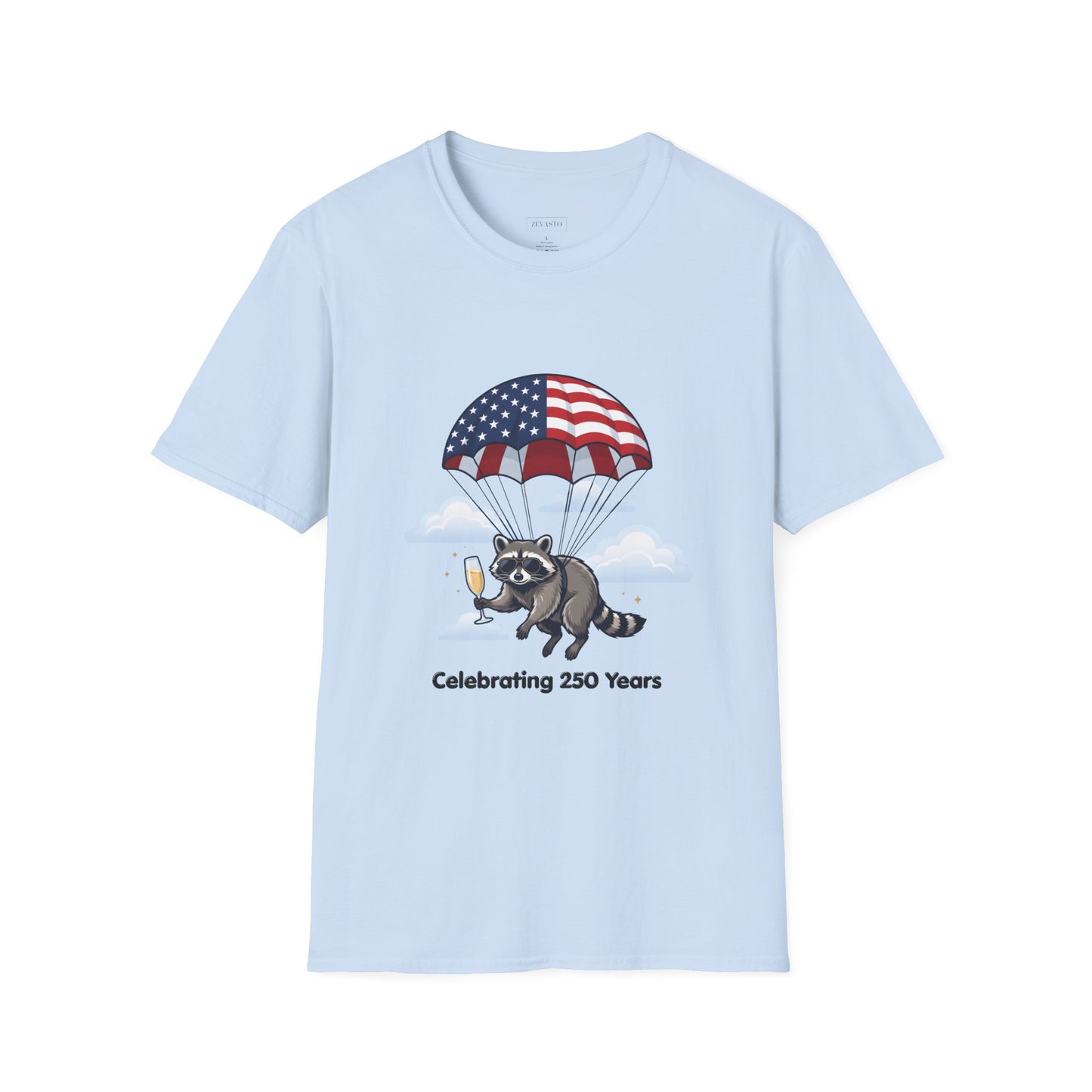 Patriotic Parachuting Raccoon T-Shirt — "Celebrating 250 Years"