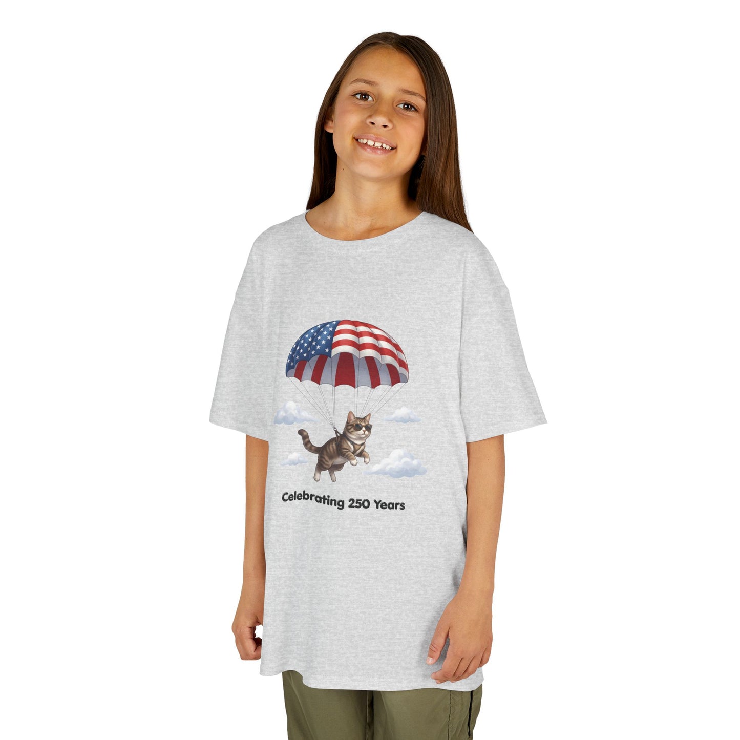 Kids Patriotic Parachuting Cat Tee — "Celebrating 250 Years"