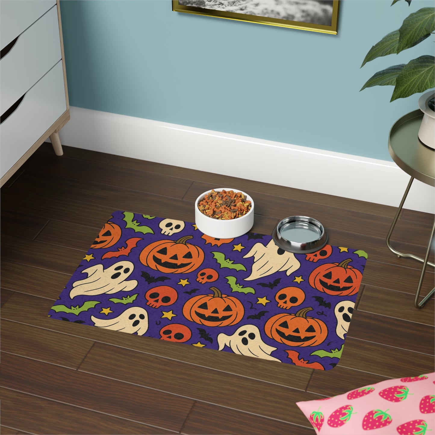 Halloween Pet Food Mat with Ghosts and Pumpkins, Spooky Decor for Pet Lovers