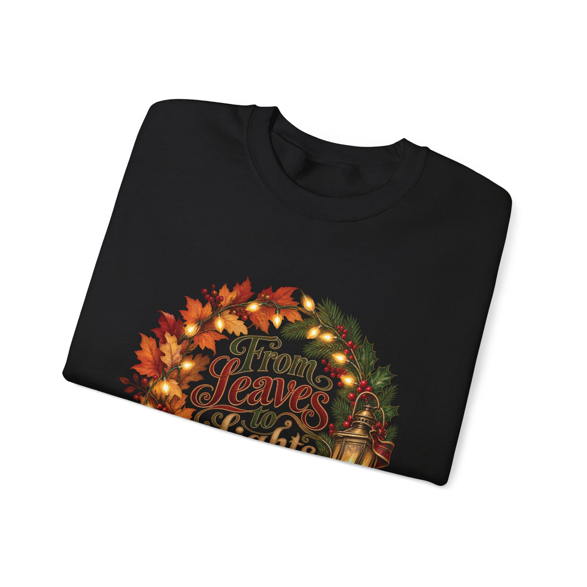 Christmas Crewneck Sweatshirt — "From Leaves to Lights" Autumn to Holiday Wreath Design