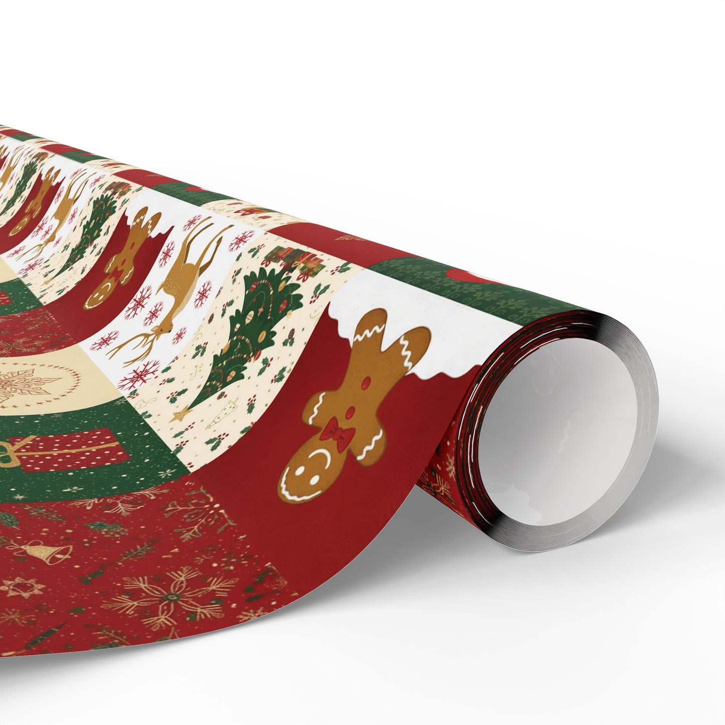 Christmas Patchwork Wrapping Paper Roll — Gingerbread, Trees & Red Green Christmas Pattern