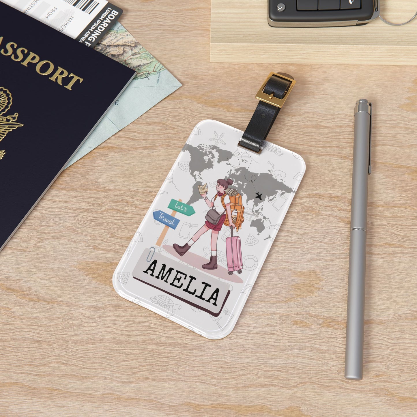 Personalized Travel Luggage Tag — Cute Female Traveler with World Map Design, Custom Name ID Tag