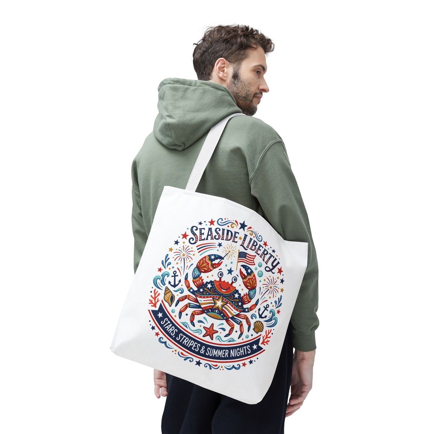 Seaside Liberty Tote Bag — 4th of July, Patriotic Bag "Stars, Stripes & Summer Nights"