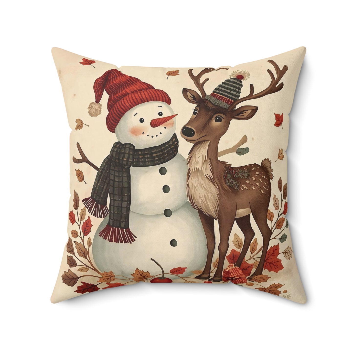 Festive Snowman & Reindeer Holiday Pillow — Cozy Christmas Decorative Throw Pillow