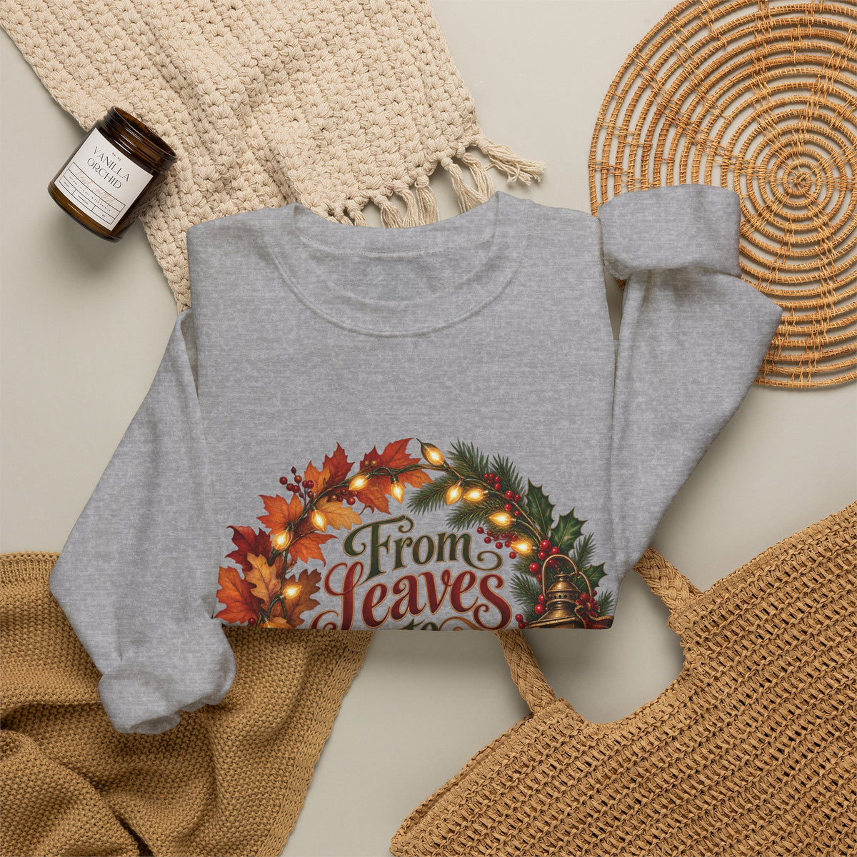 Christmas Crewneck Sweatshirt — "From Leaves to Lights" Autumn to Holiday Wreath Design