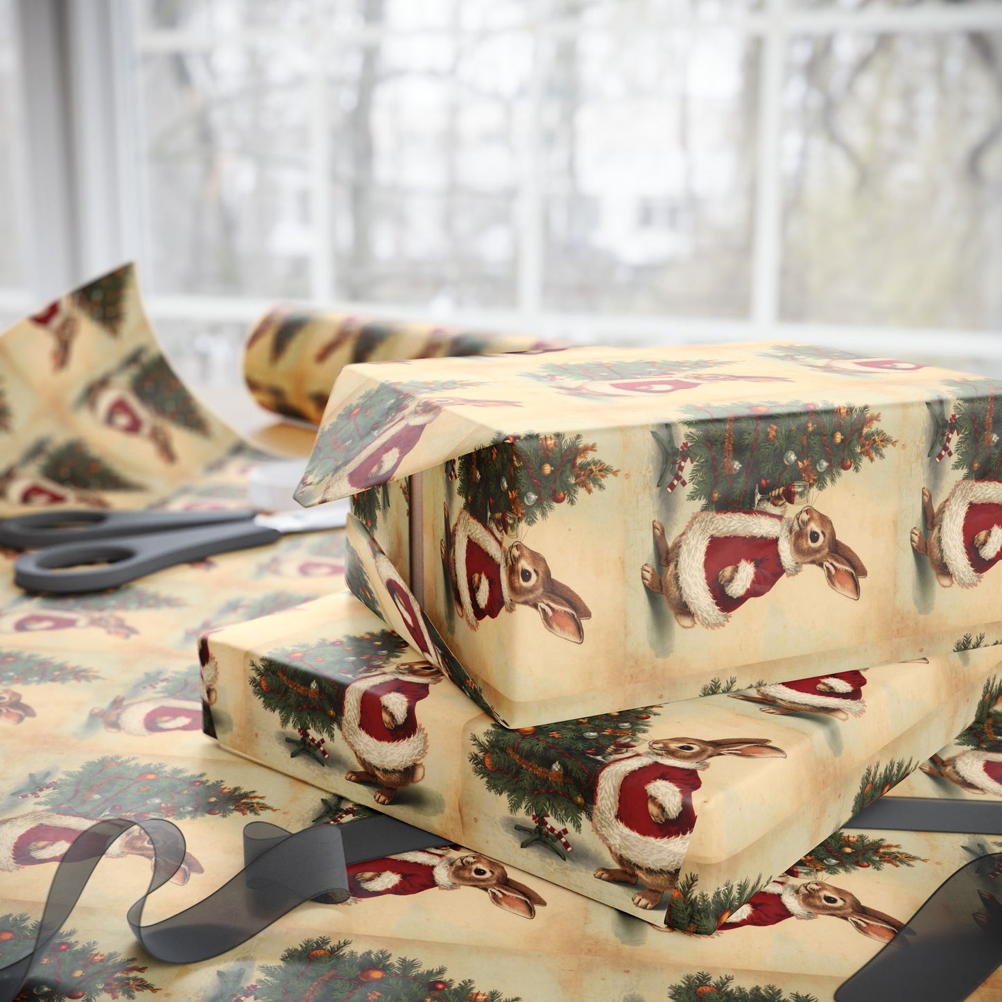 Vintage Christmas Wrapping Paper Roll - Vintage Holiday Gift Wrap with Bunny Design