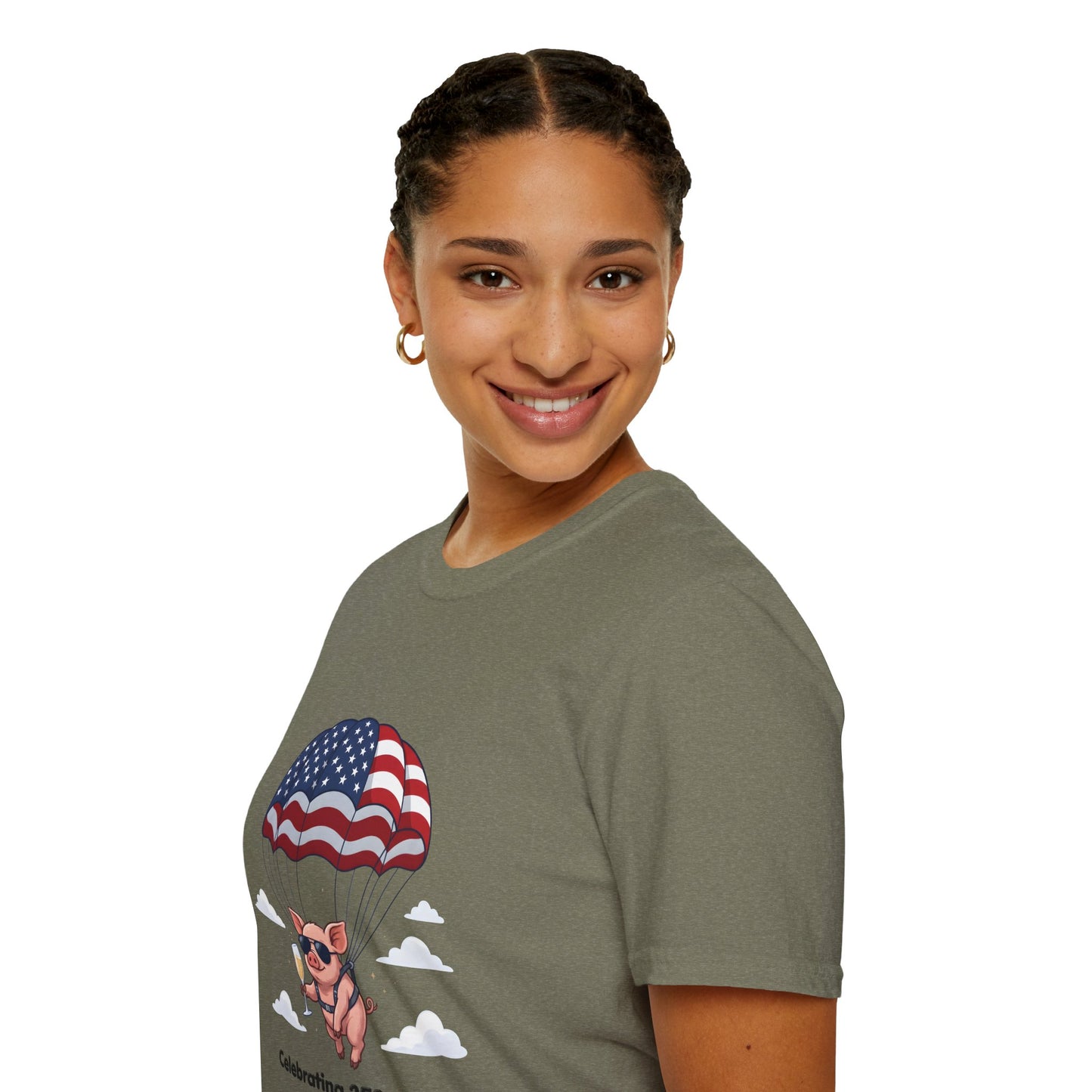 Patriotic Parachuting Piglet T-shirt - “Celebrating 250 Years”