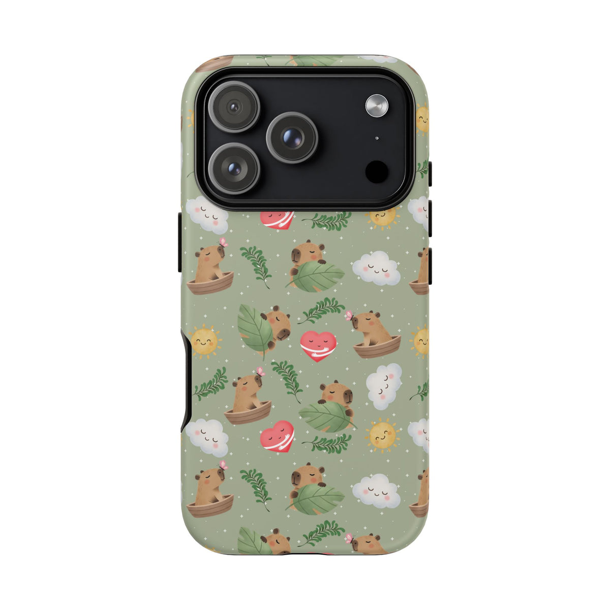 Cute Capybara Pattern Phone Case — Green Botanical Tough Case