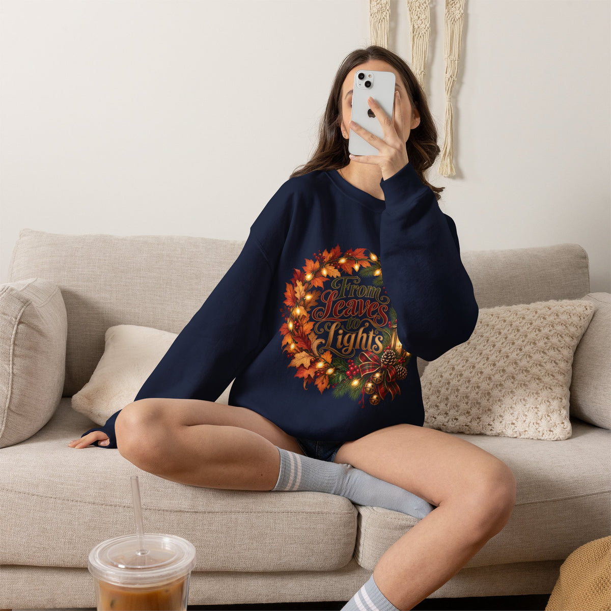 Christmas Crewneck Sweatshirt — "From Leaves to Lights" Autumn to Holiday Wreath Design