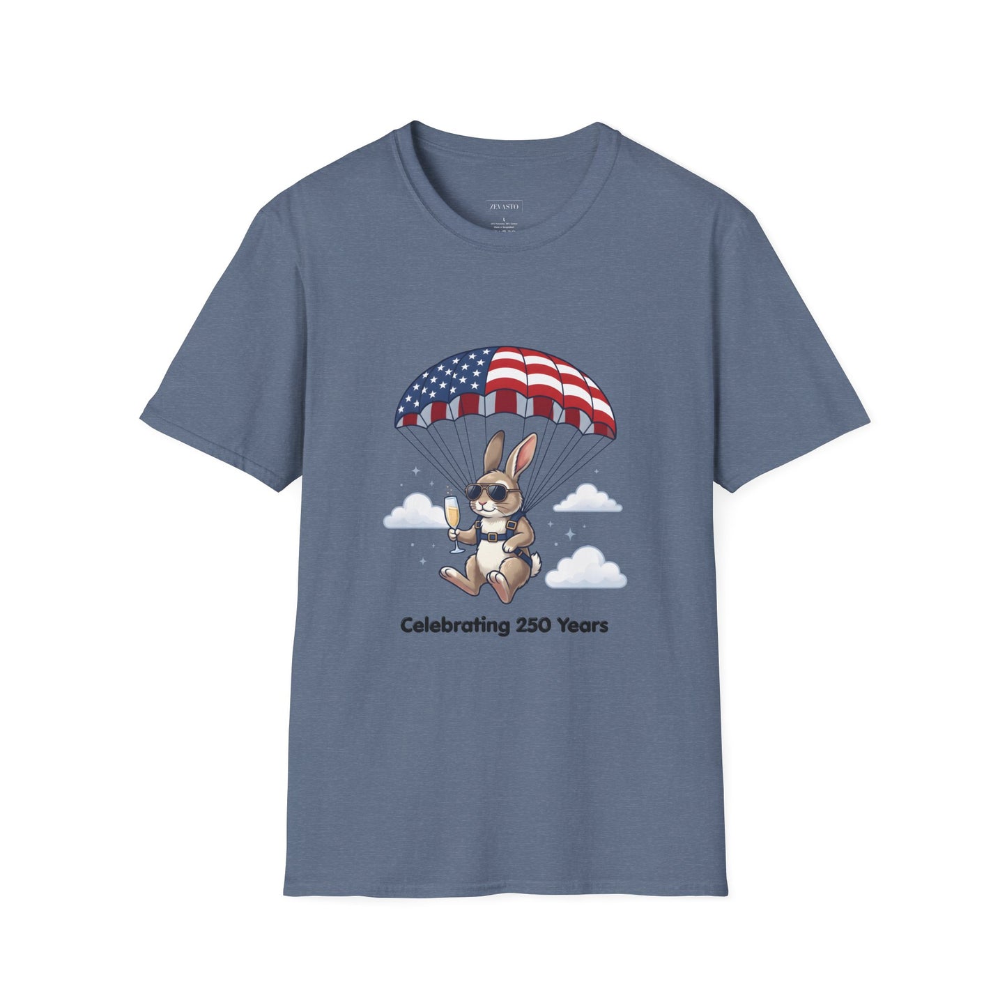 Patriotic Parachuting Bunny T-Shirt — "Celebrating 250 Years"