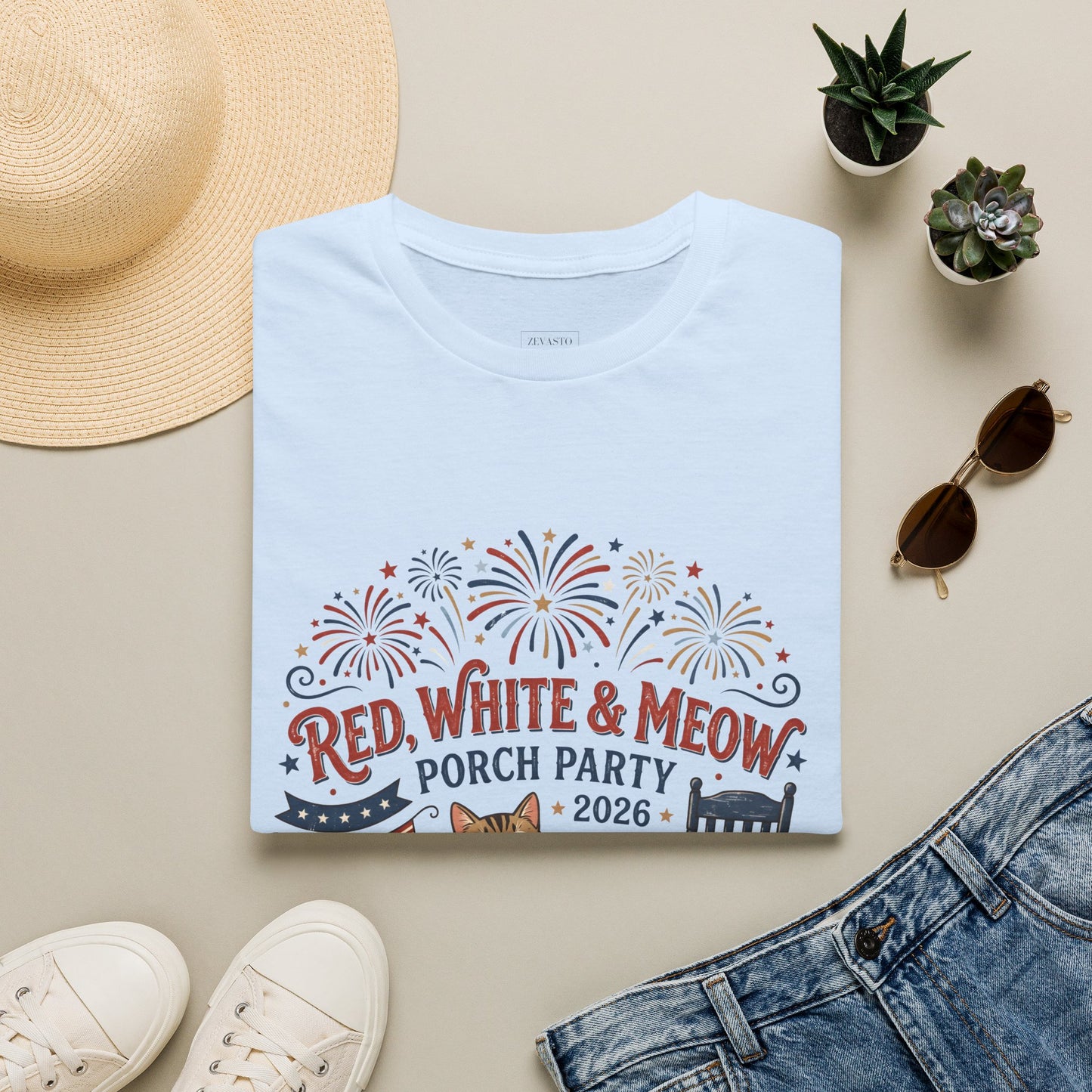 Red, White & Meow Porch Party T-Shirt — 2026 Patriotic Cat Tee, 4th of July Shirt, Independence Day Gift