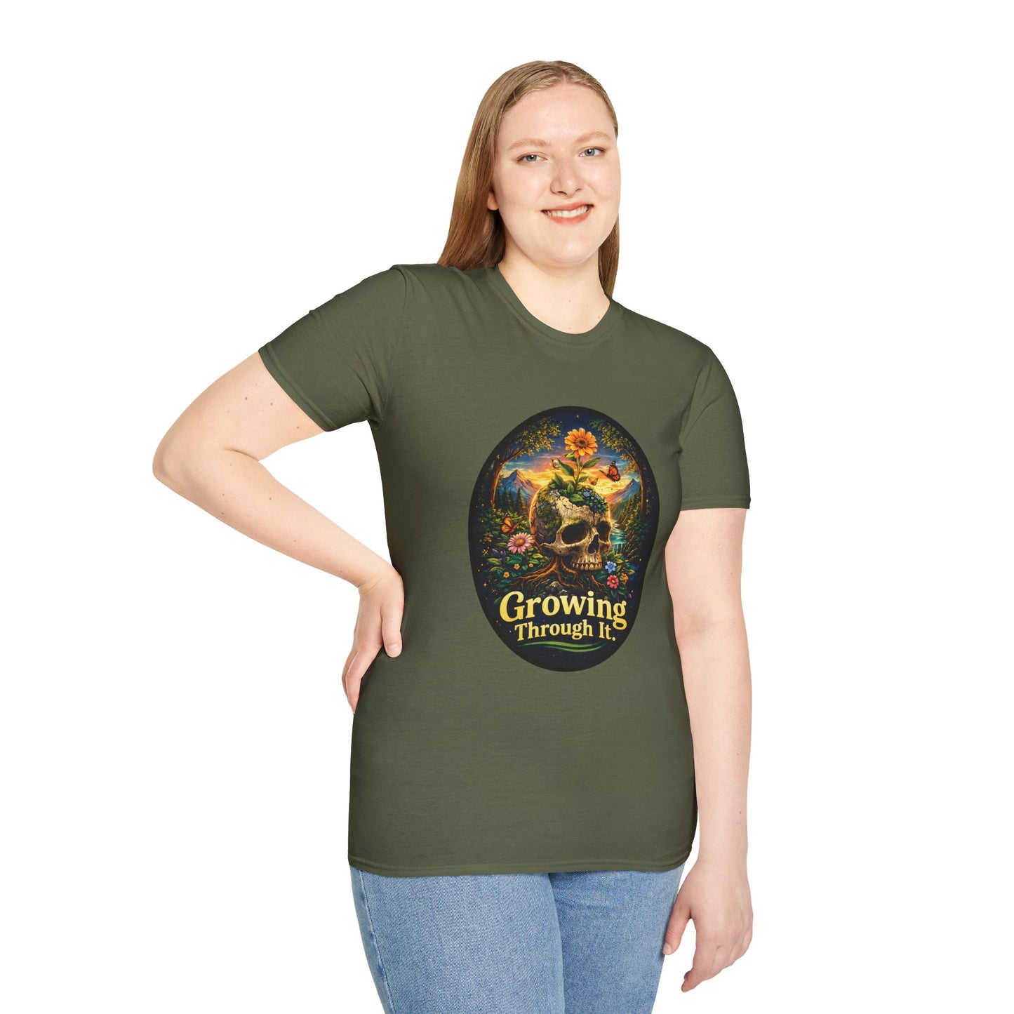 Growing Through It T-Shirt – Earth Day Nature Skull Graphic Tee | Mental Growth & Healing Shirt | Botanical Aesthetic Unisex Tee