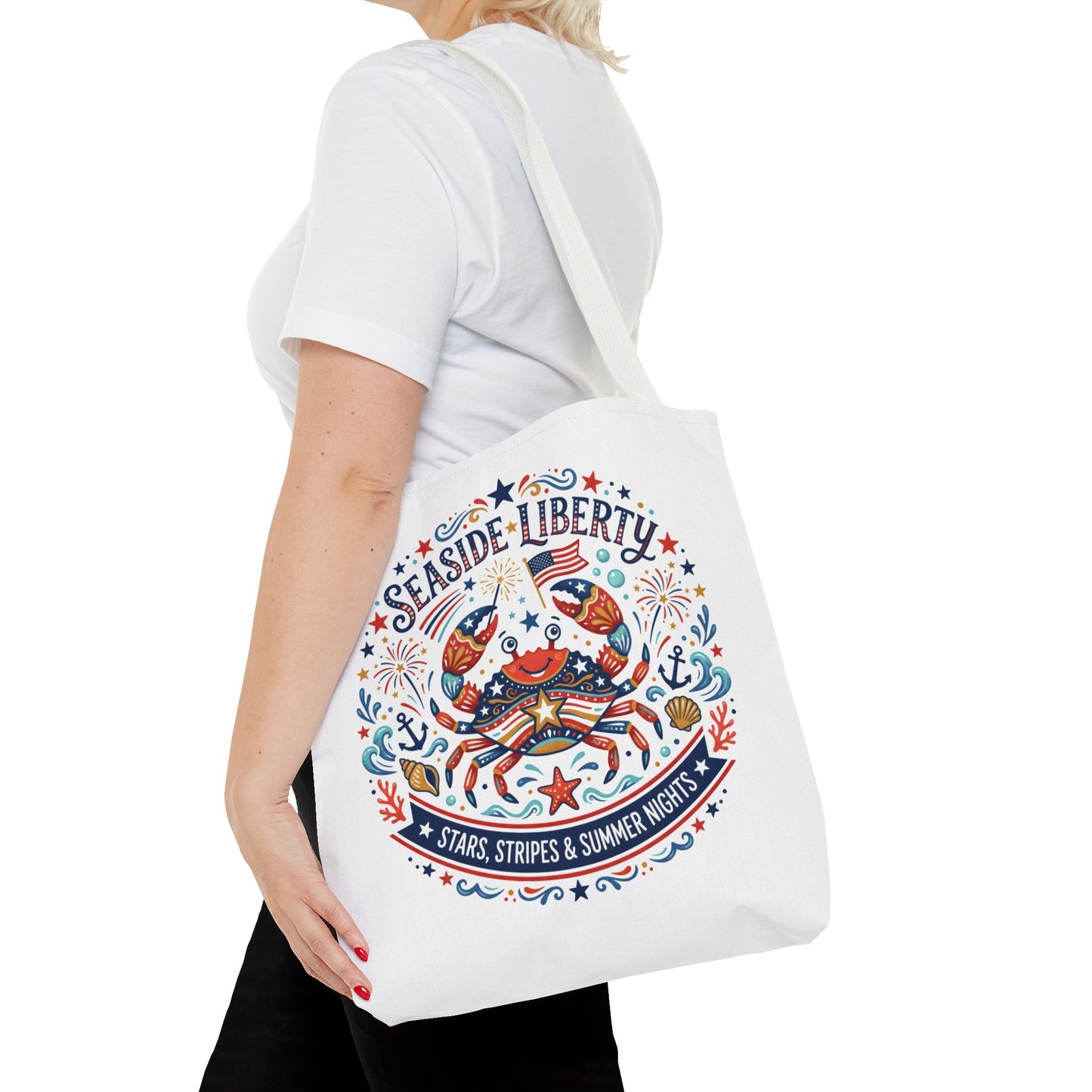Seaside Liberty Tote Bag — 4th of July, Patriotic Bag "Stars, Stripes & Summer Nights"