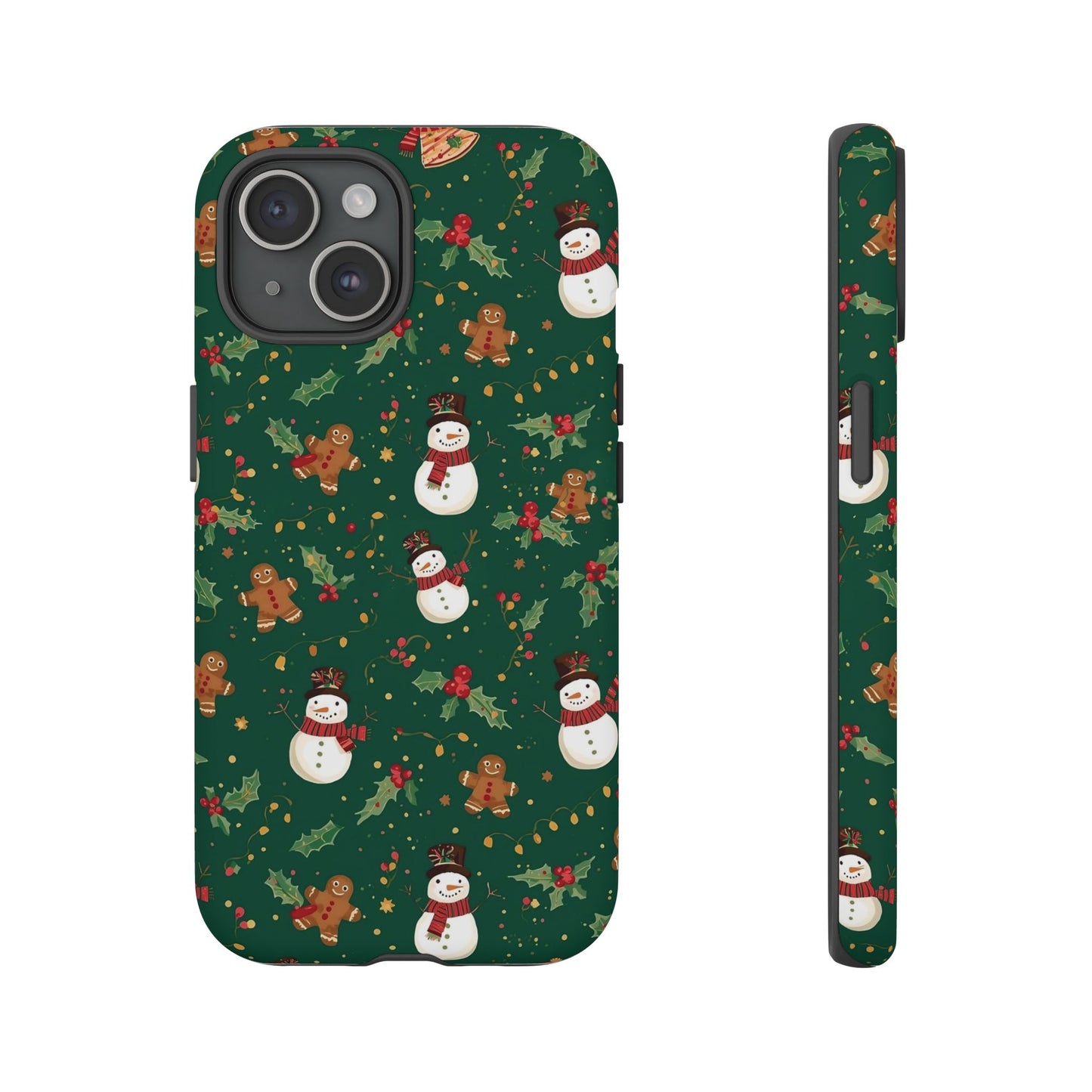 Christmas Phone Case with Snowmen and Gingerbread Design, Dual Layer Phone Case for Iphone 17, 16, 15, 14, 13, 12, 11 & Samsung