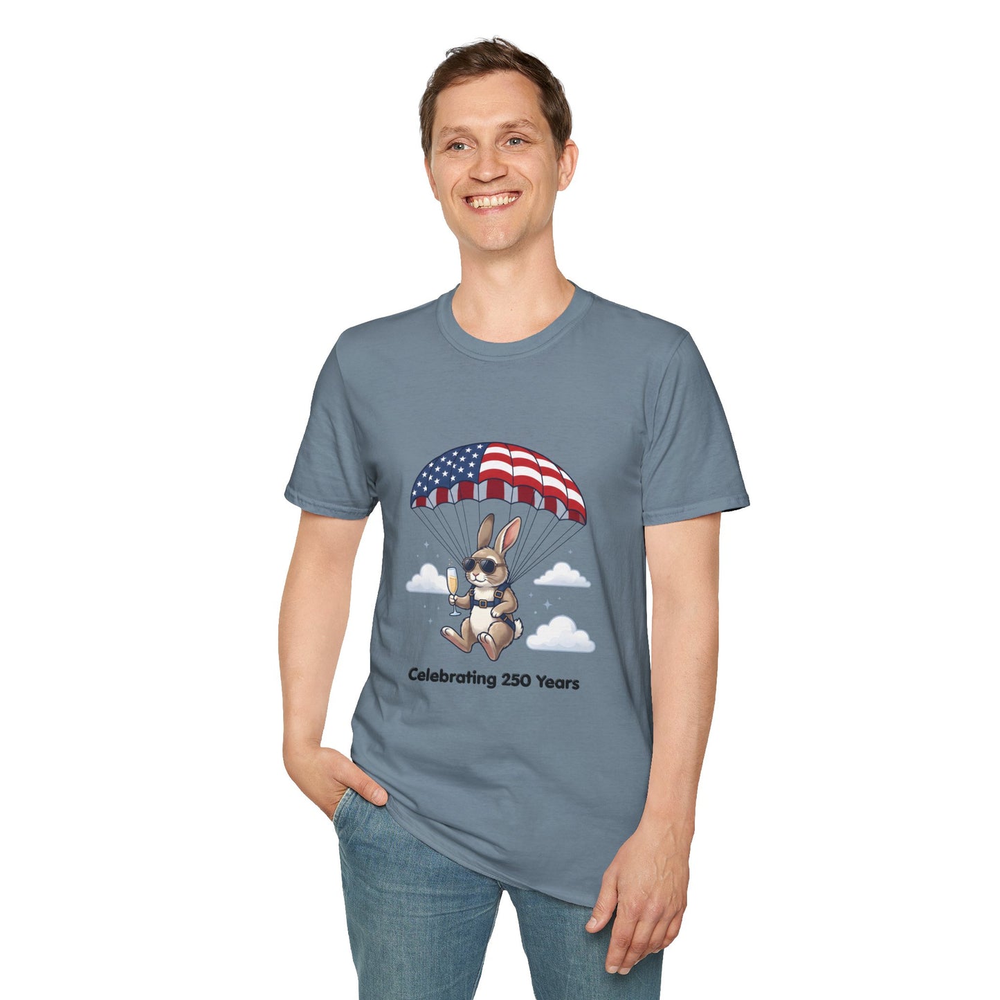 Patriotic Parachuting Bunny T-Shirt — "Celebrating 250 Years"