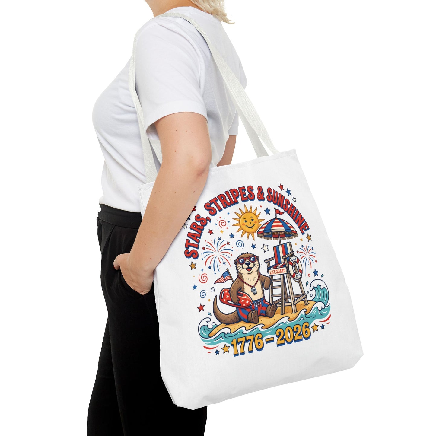 Stars, Stripes & Sunshine Tote Bag — 1776–2026 Patriotic Summer Beach Tote, 4th of July Tote