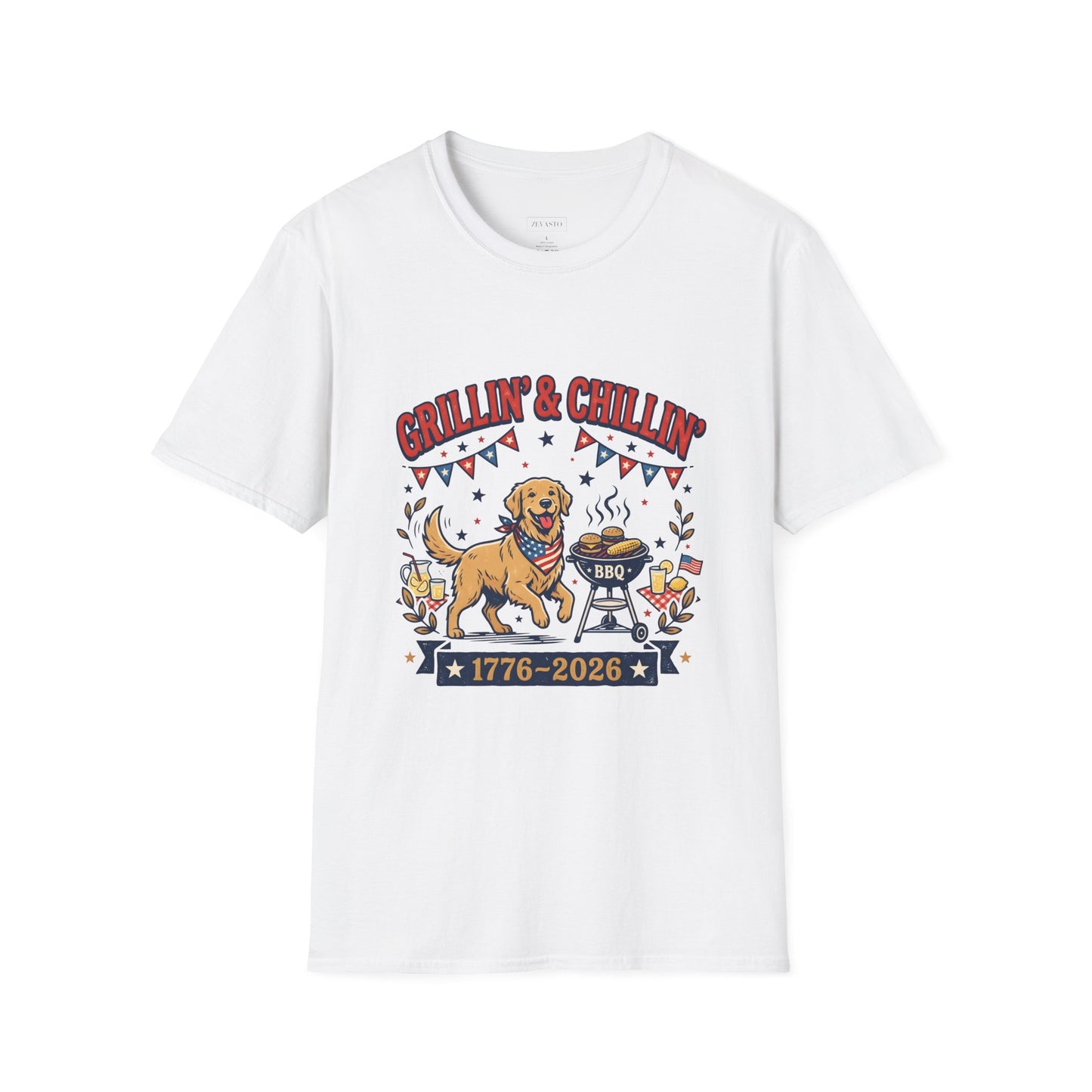 Grillin' & Chillin' BBQ Dog T-Shirt — 1776-2026 Patriotic Summer Tee, 4th of July Shirt, Independence Day Tee