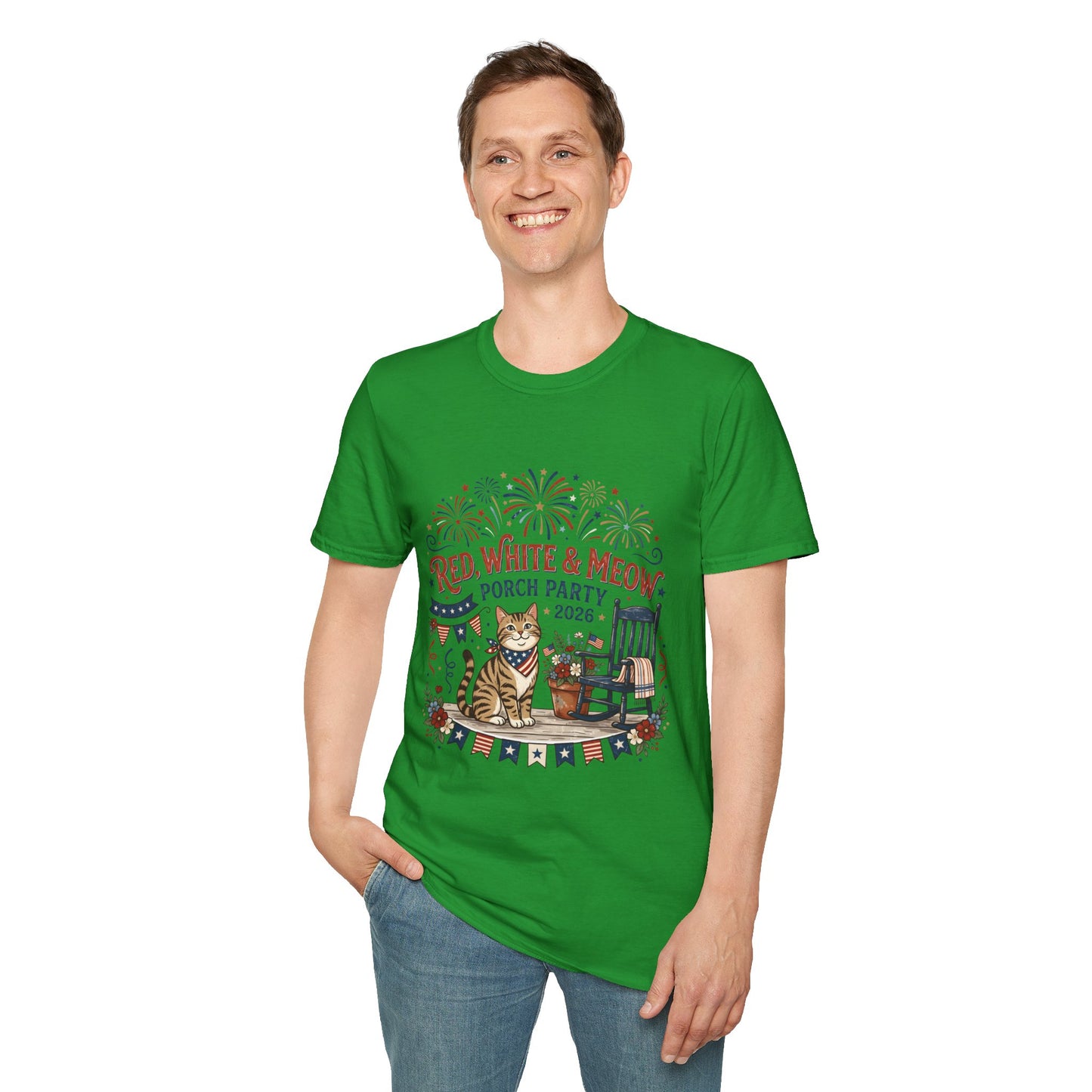 Red, White & Meow Porch Party T-Shirt — 2026 Patriotic Cat Tee, 4th of July Shirt, Independence Day Gift
