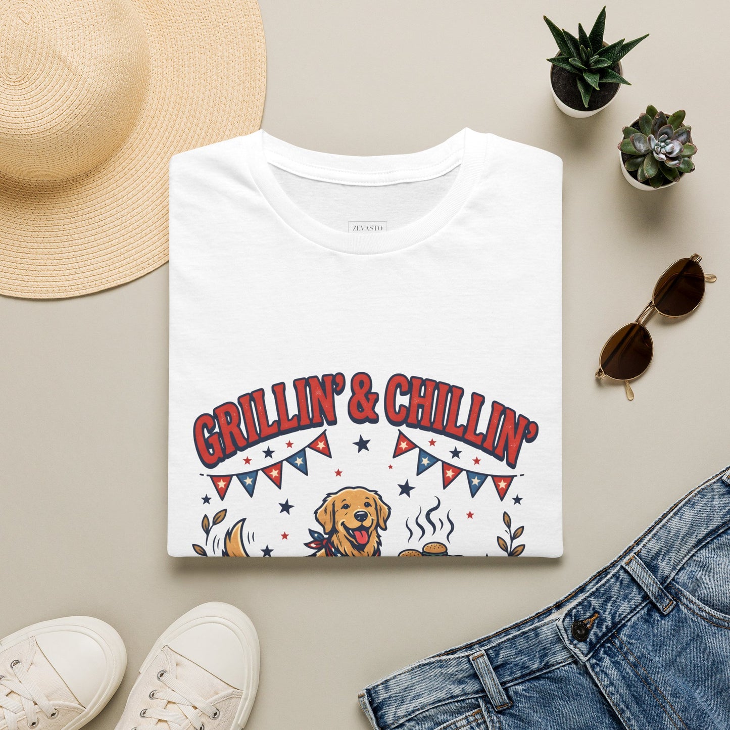 Grillin' & Chillin' BBQ Dog T-Shirt — 1776-2026 Patriotic Summer Tee, 4th of July Shirt, Independence Day Tee