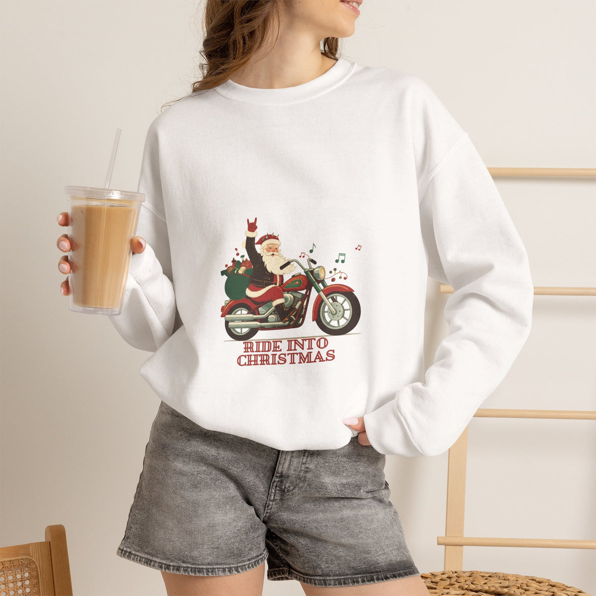 Christmas Motorcycle Sweatshirt - "Ride Into Christmas" Santa Biker Holiday Crewneck