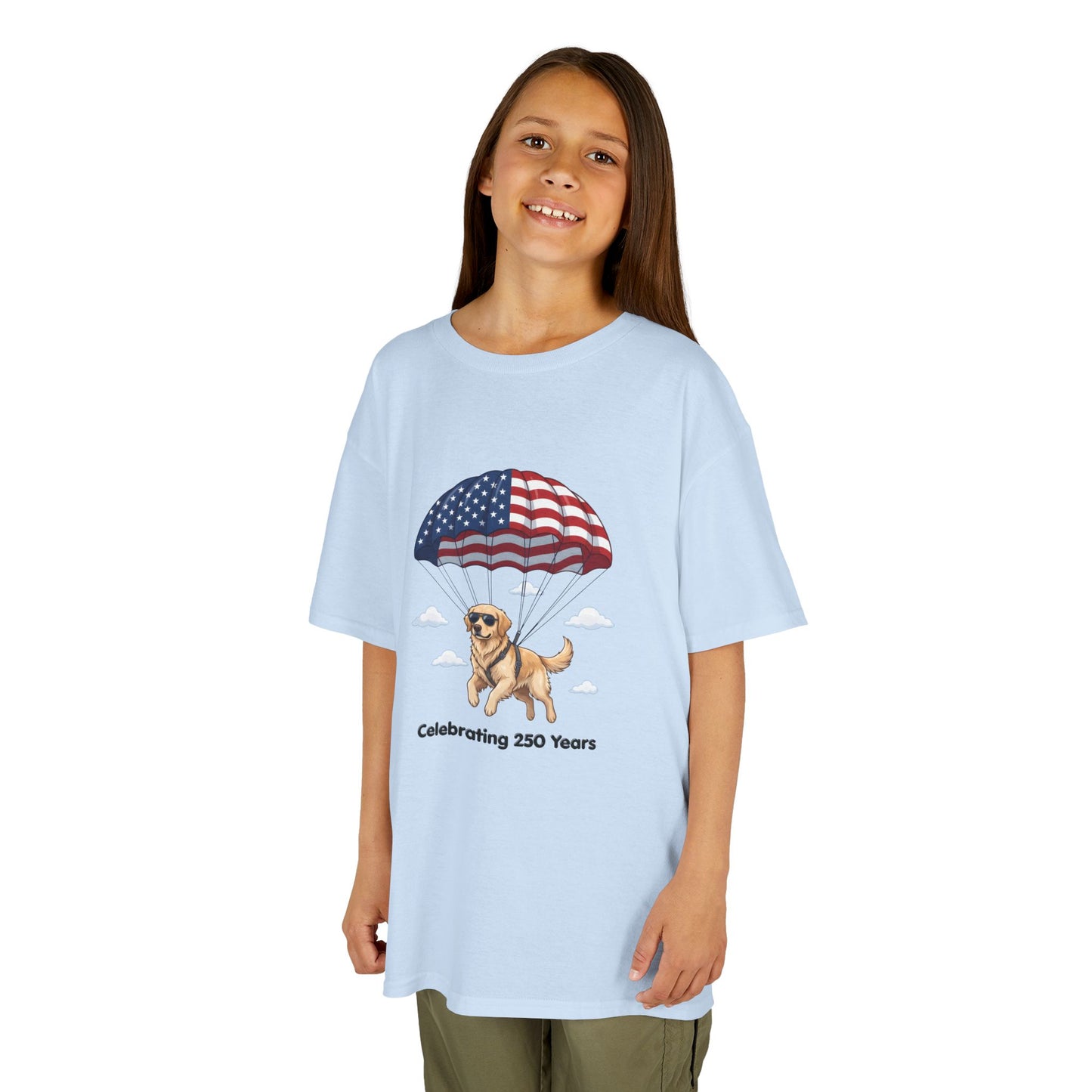 Kids Tee — Dog with Parachute, "Celebrating 250 Years" (Patriotic Fourth of July)
