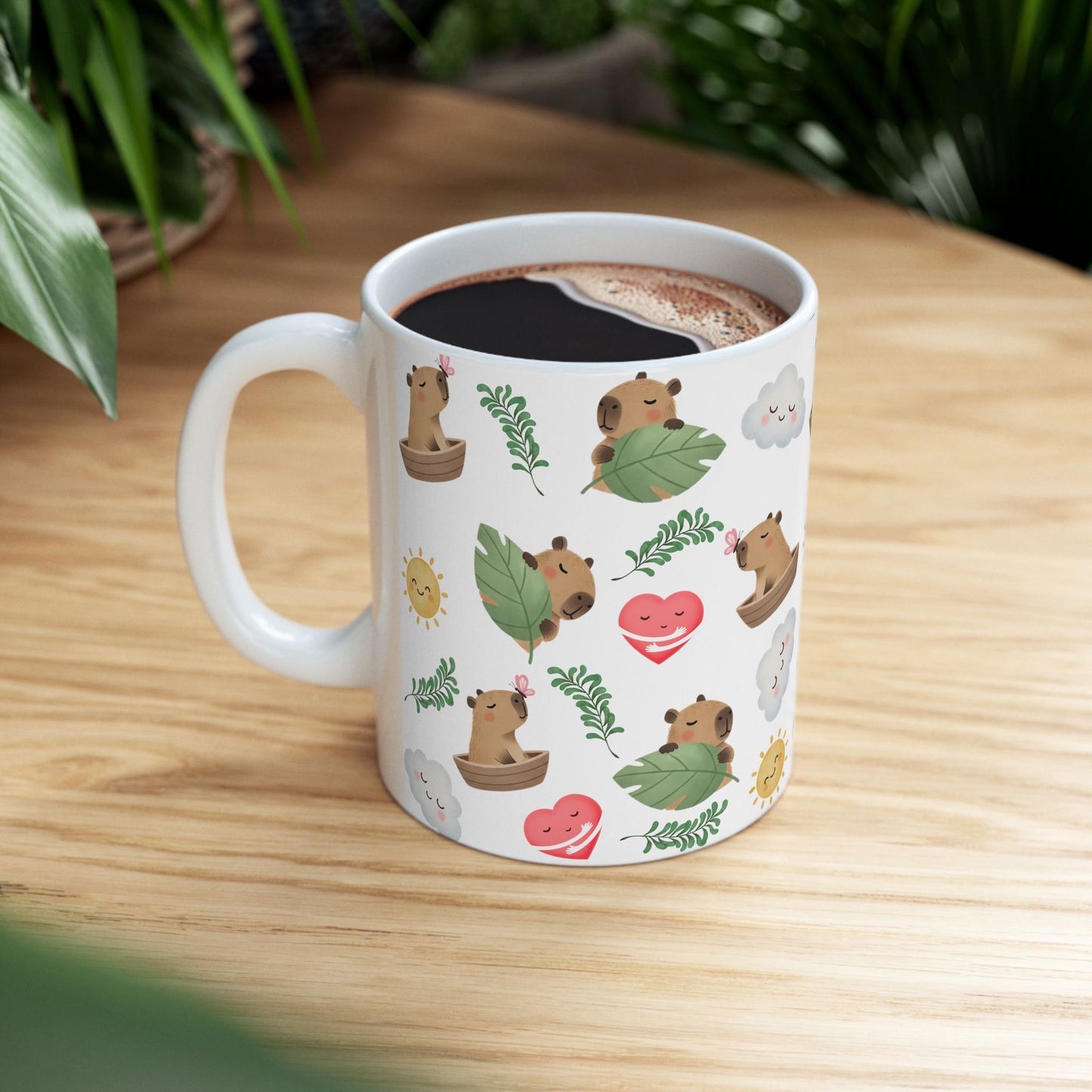 Cute Capybara Pattern Ceramic Mug — Whimsical Sun, Clouds & Leaf Design (11oz)