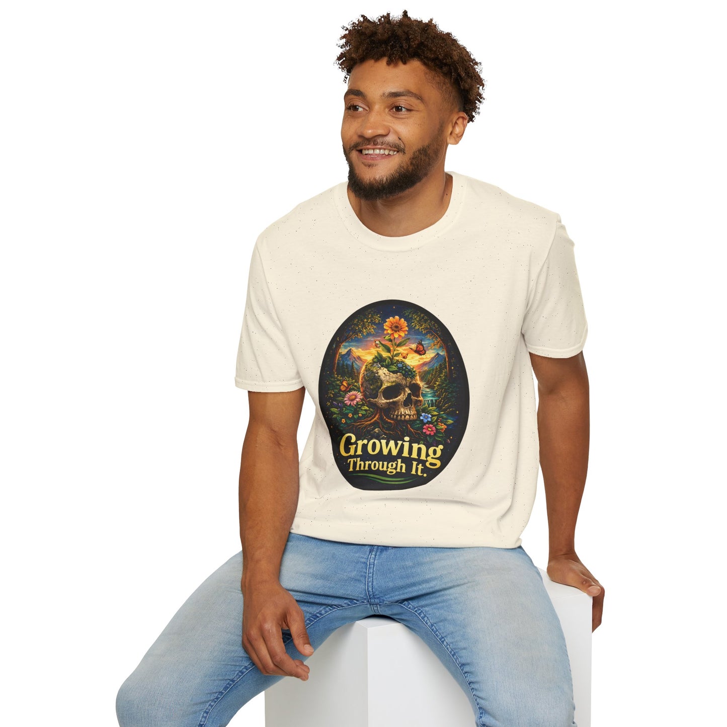 Growing Through It T-Shirt – Earth Day Nature Skull Graphic Tee | Mental Growth & Healing Shirt | Botanical Aesthetic Unisex Tee