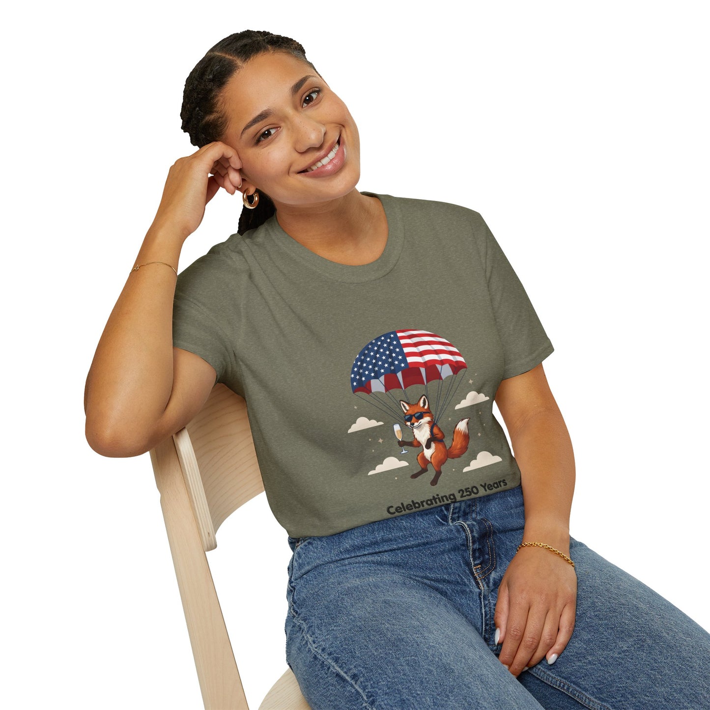 Patriotic Fox Parachute T-Shirt — "Celebrating 250 Years" Anniversary Tee