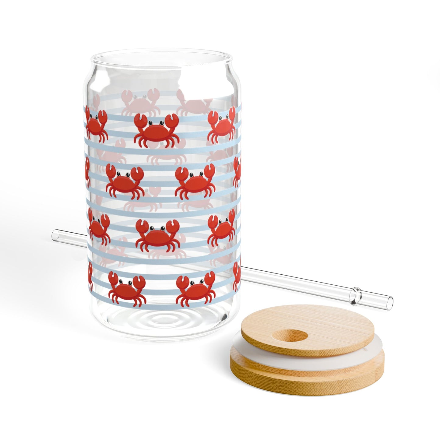 Crab Pattern 16oz Sipper Glass with Bamboo Lid & Straw — Coastal Beach Drink Tumbler