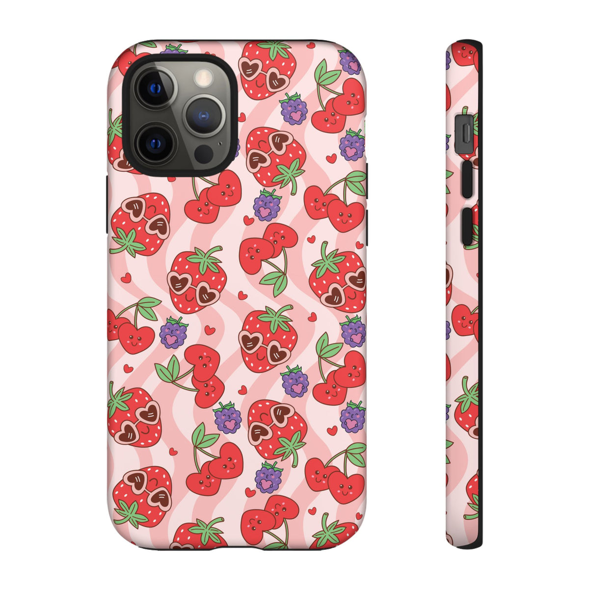 Cute Kawaii Strawberry & Cherry Phone Case — Pink Fruit Pattern Protective Case