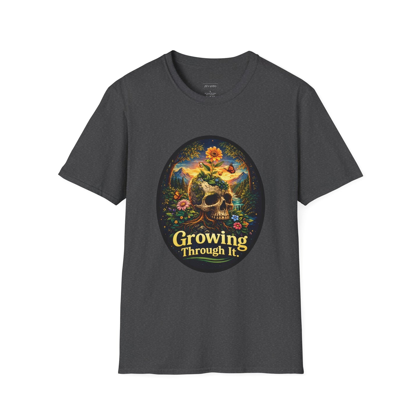 Growing Through It T-Shirt – Earth Day Nature Skull Graphic Tee | Mental Growth & Healing Shirt | Botanical Aesthetic Unisex Tee