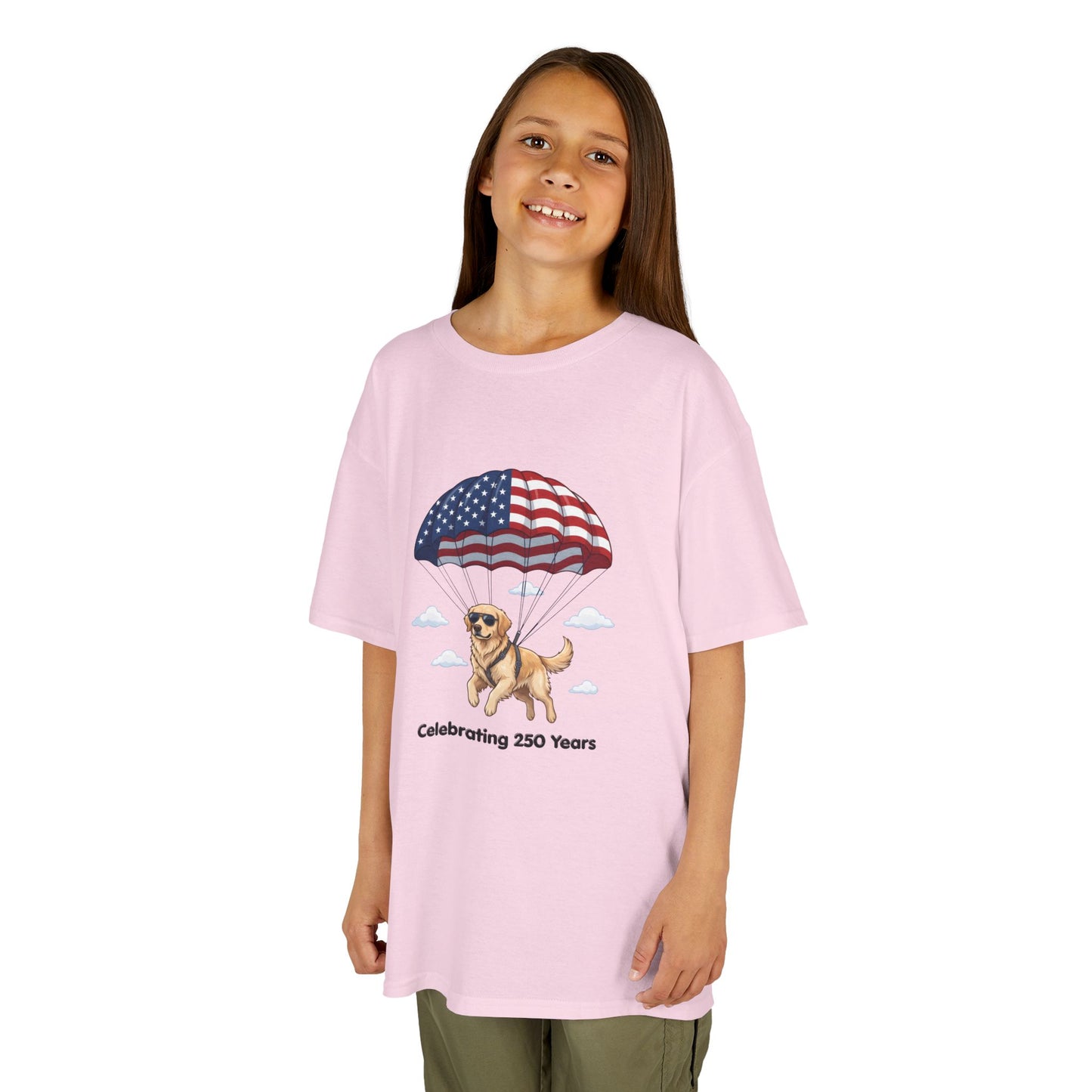 Kids Tee — Dog with Parachute, "Celebrating 250 Years" (Patriotic Fourth of July)