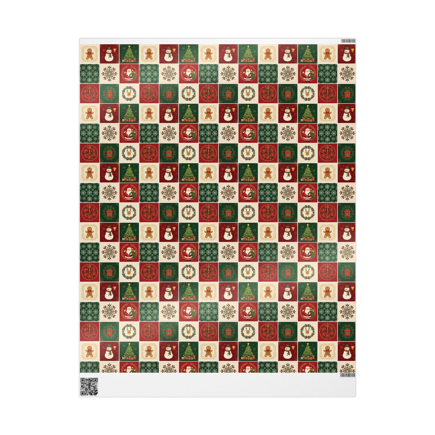 Christmas Patchwork Wrapping Paper Roll — Holiday Gift Wrap with Gingerbread, Snowman & Reindeer